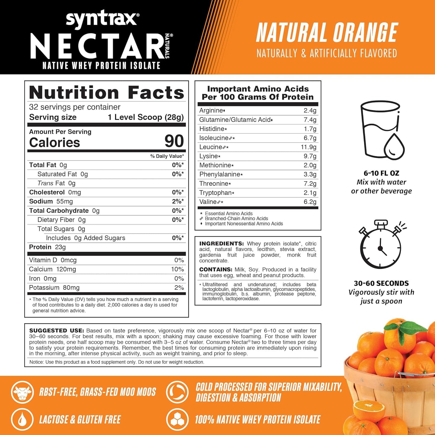Syntrax Nutrition Nectar Naturals Whey Protein Isolate, Natural Orange Flavor, 2 lbs