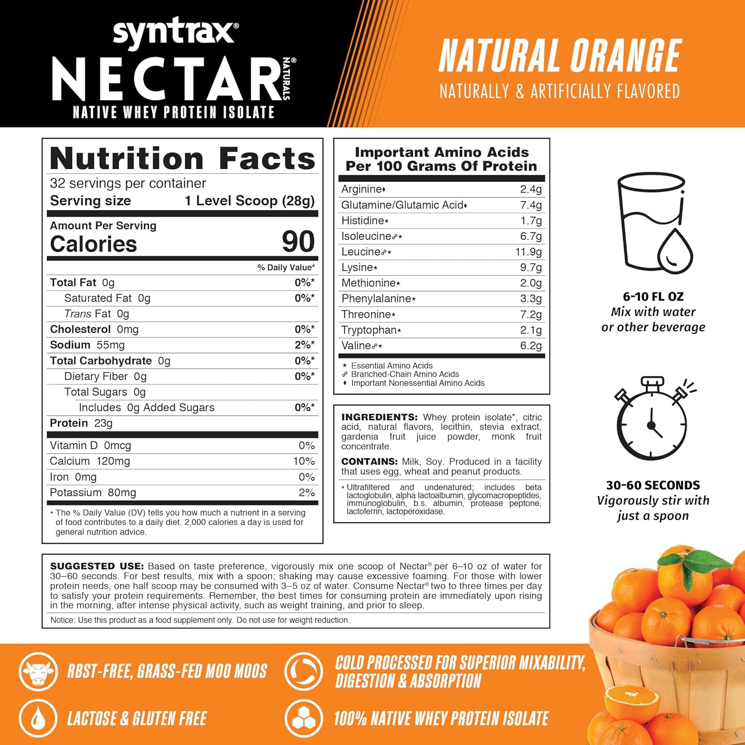 Syntrax Nutrition Nectar Naturals Whey Protein Isolate, Natural Orange Flavor, 2 lbs