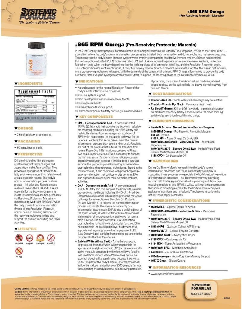 Systemic Formulas RPM Pre-Resolvin, Protectin, Maresin Capsules - Cardiovascular Health Support, 60ct, Bio Cell #865. Brain Development Boost, 60 Count