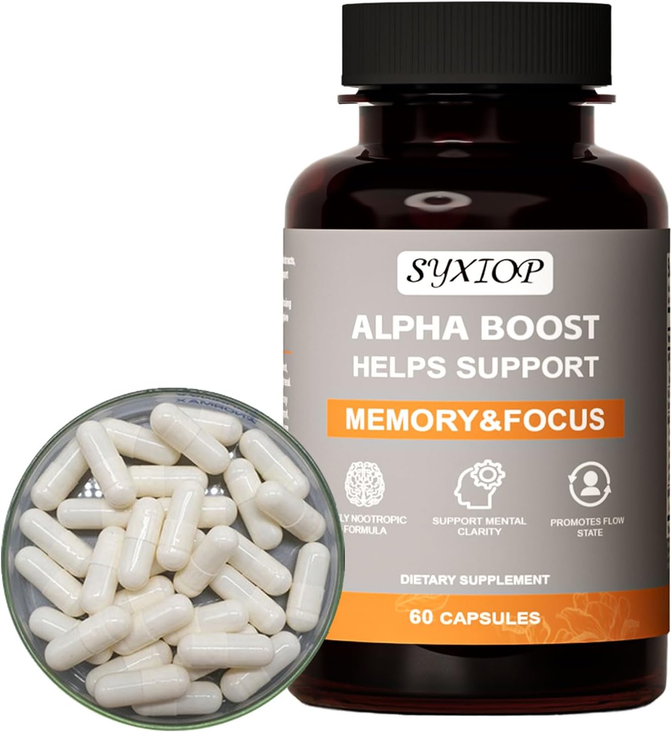 SyXIOP Alpha Boost Capsules: Vitamin B6, L-Tyrosine, L-Theanine, Enhance Brain Function, Concentration, and Memory Support, 60 Count