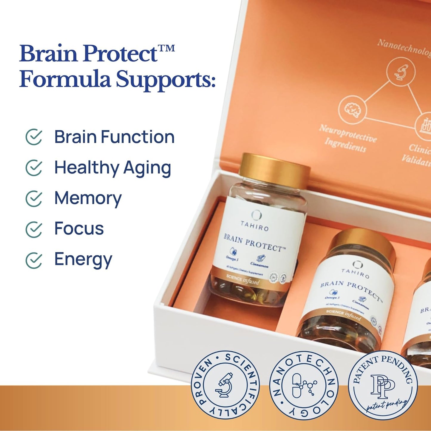TAHIRO Brain Protect™ Nano Omega 5 Cinnamon Memory Focus Supplement with Antioxidant Pomegranate Seed Oil Softgels