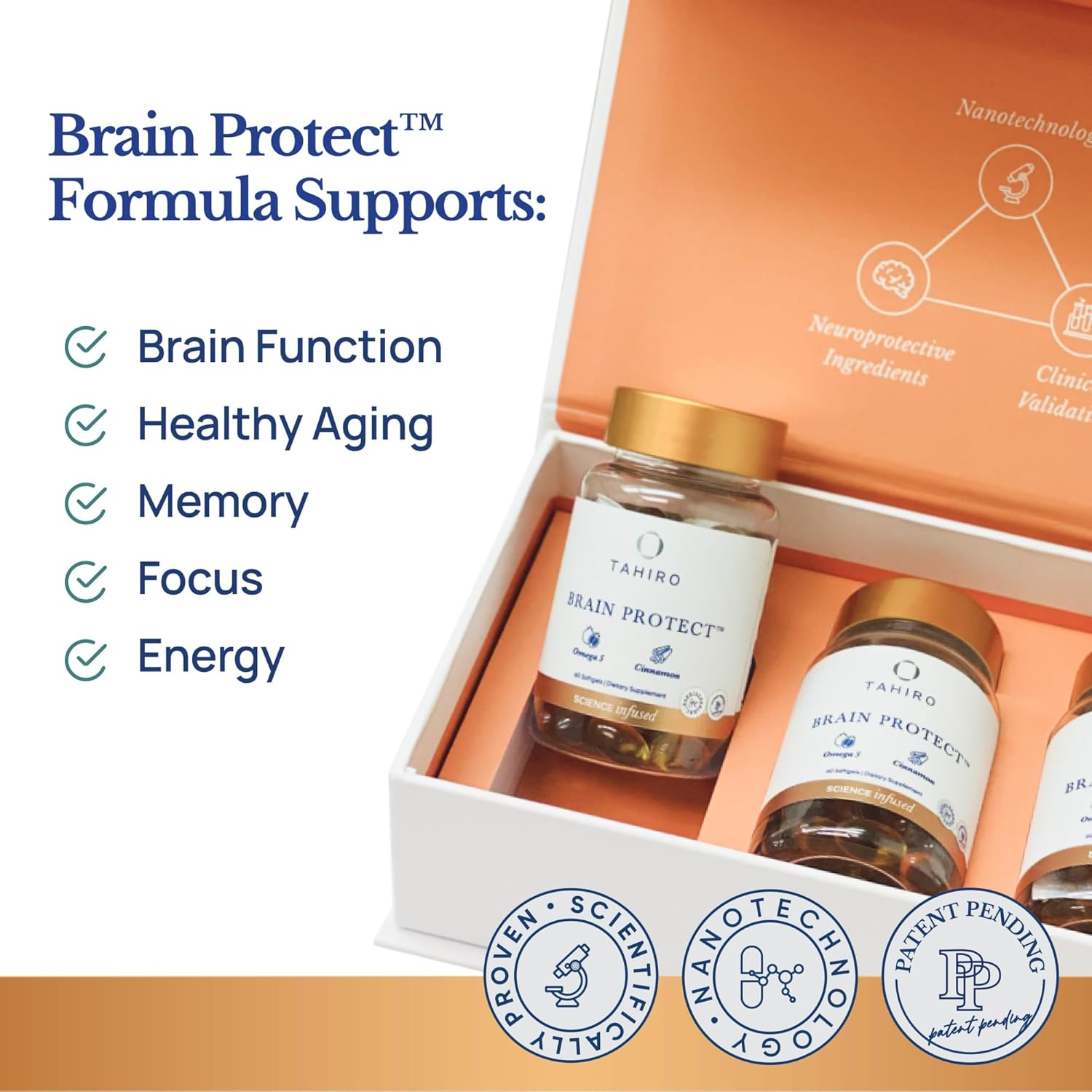 TAHIRO Brain Protect™ Nano Omega 5 Cinnamon Memory Focus Supplement with Antioxidant Pomegranate Seed Oil Softgels