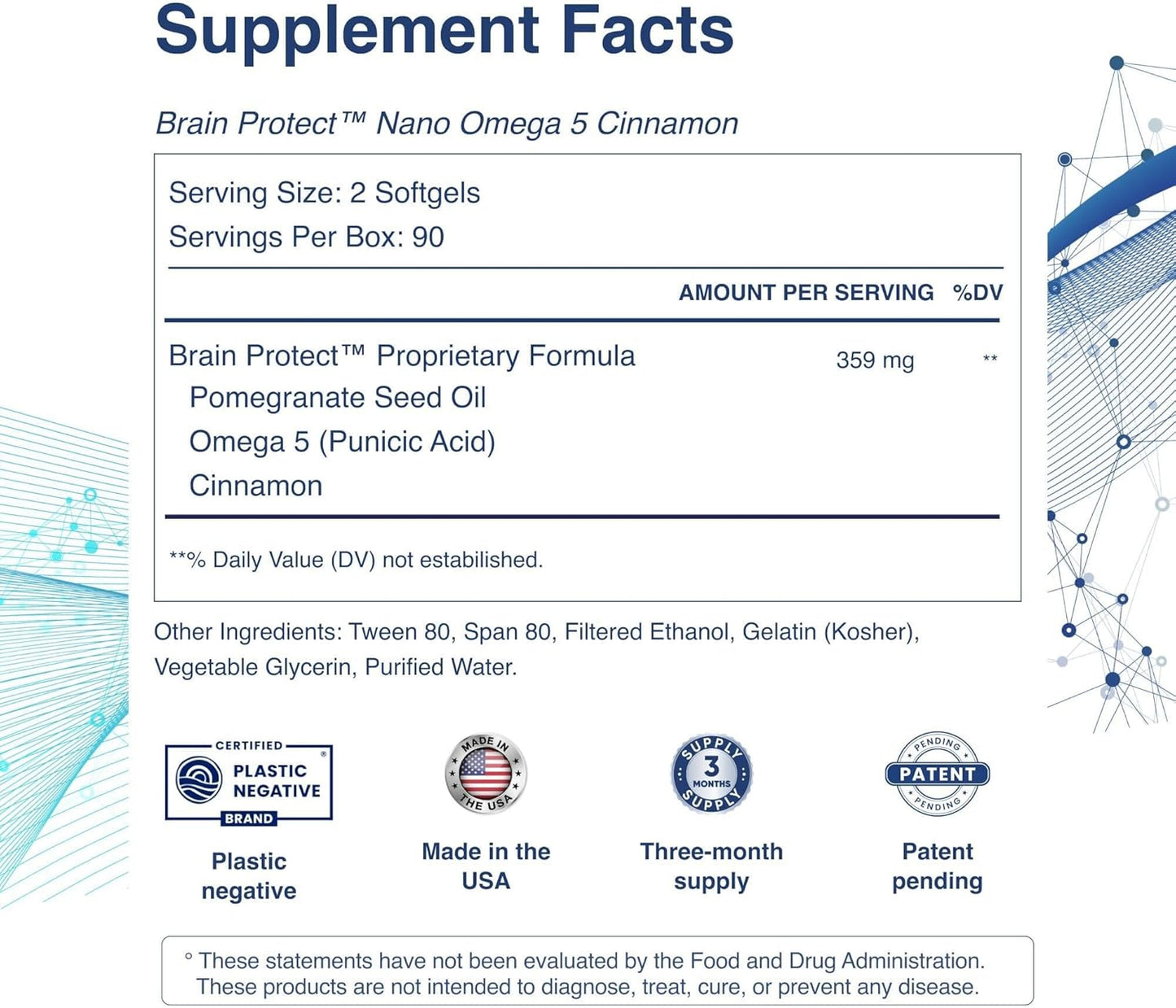 TAHIRO Brain Protect™ Nano Omega 5 Cinnamon Memory Focus Supplement with Antioxidant Pomegranate Seed Oil Softgels