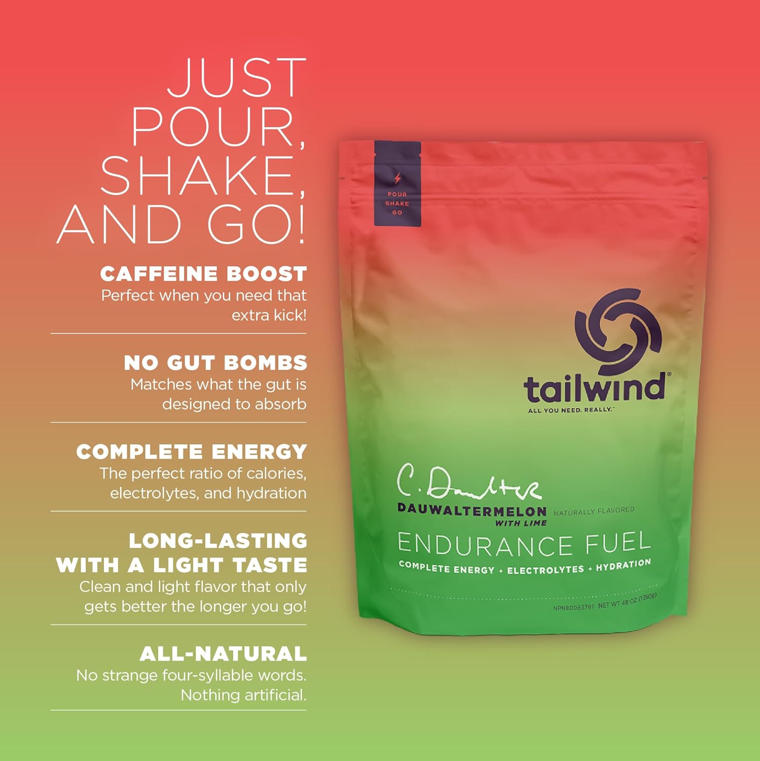 Tailwind Nutrition Endurance Fuel Powder Mix - Vegan, Non-GMO, Electrolyte Sports Drink - Dauwaltermelon Flavor, 50 Servings