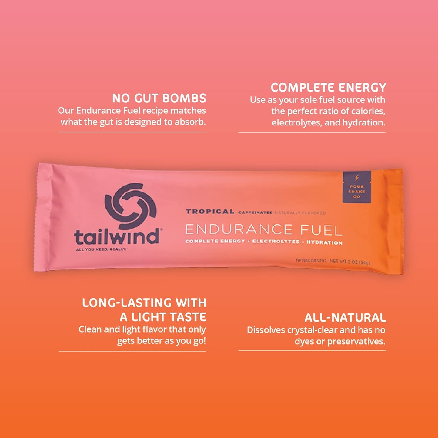 Tailwind Nutrition Endurance Fuel Tropical Buzz Caffeine Powder Mix - 12 Pack, Non-GMO, Vegan, Electrolytes, Soy & Gluten-Free