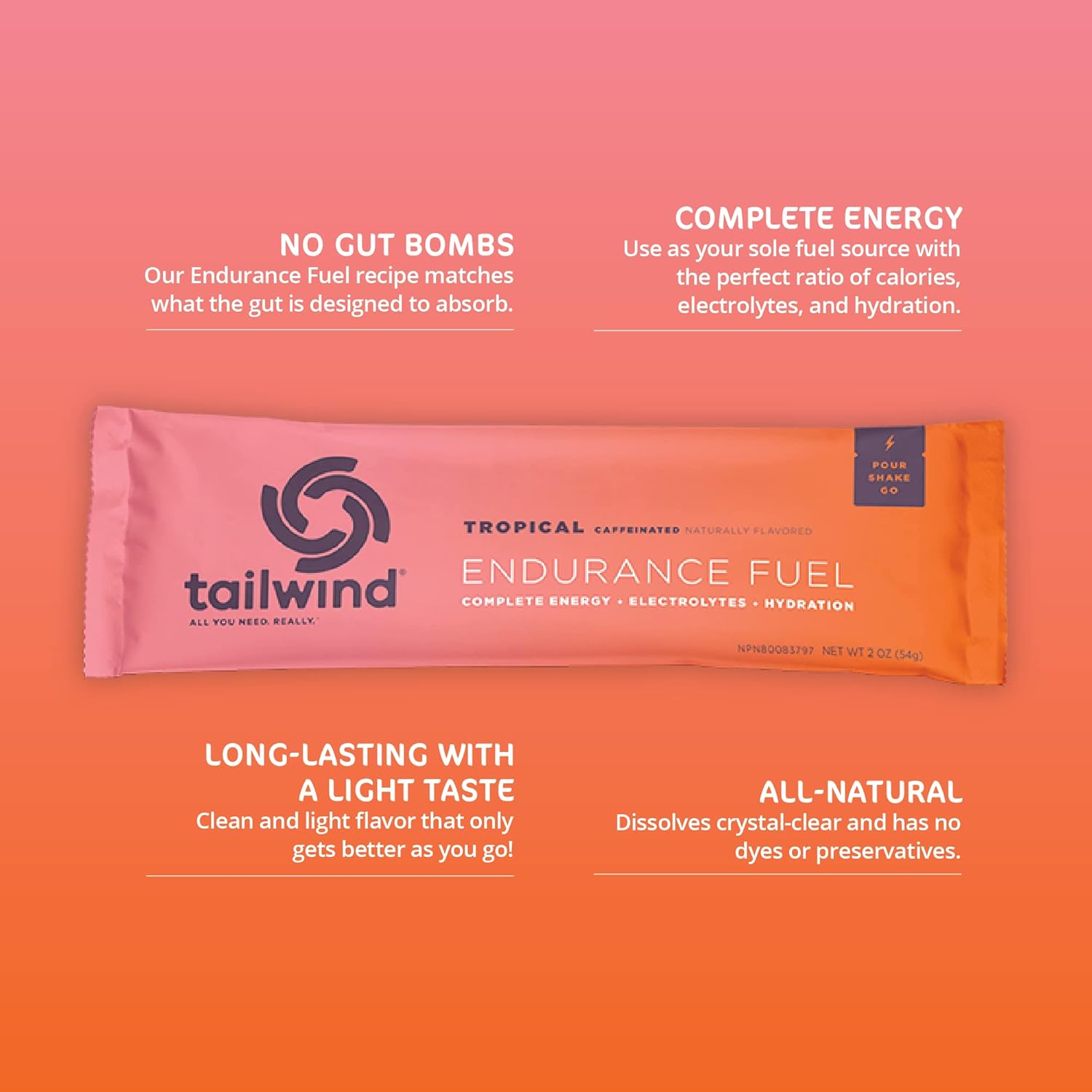 Tailwind Nutrition Endurance Fuel Tropical Buzz Caffeine Powder Mix - 12 Pack, Non-GMO, Vegan, Electrolytes, Soy & Gluten-Free
