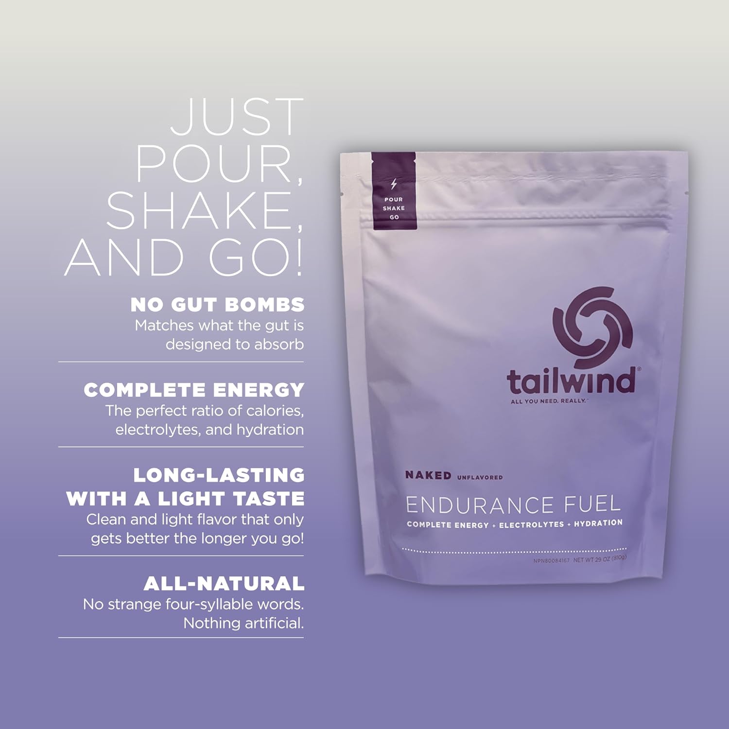 Tailwind Nutrition Endurance Fuel: Vegan Sports Drink Powder Mix with Electrolytes - Non-GMO, Gluten-Free, Dairy-Free, Naked Unflavored, 30 Servings