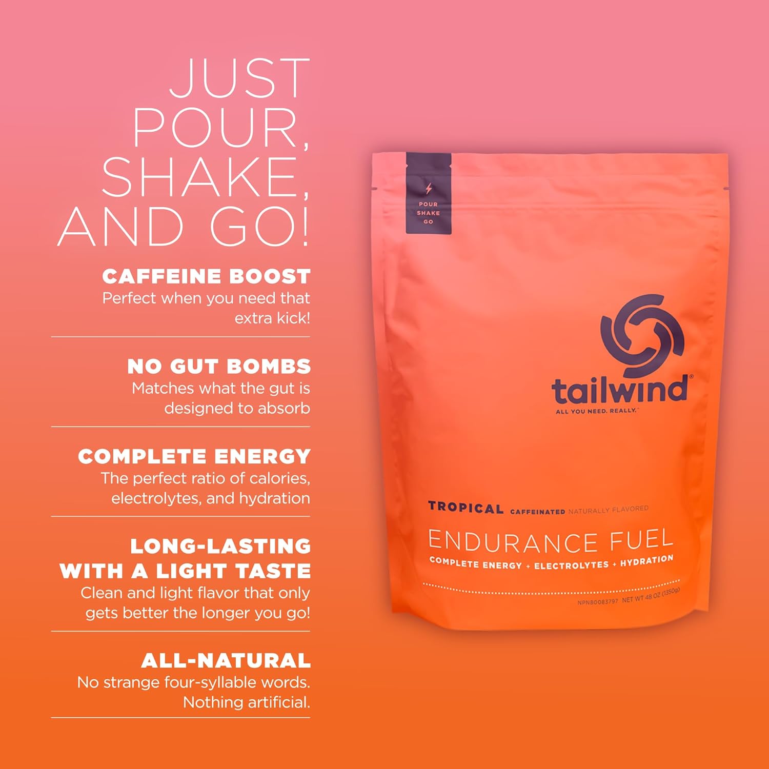 Tailwind Nutrition Tropical Buzz Endurance Fuel: Caffeinated Electrolyte Sports Drink Mix, Gluten-Free & Vegan, 50 Servings