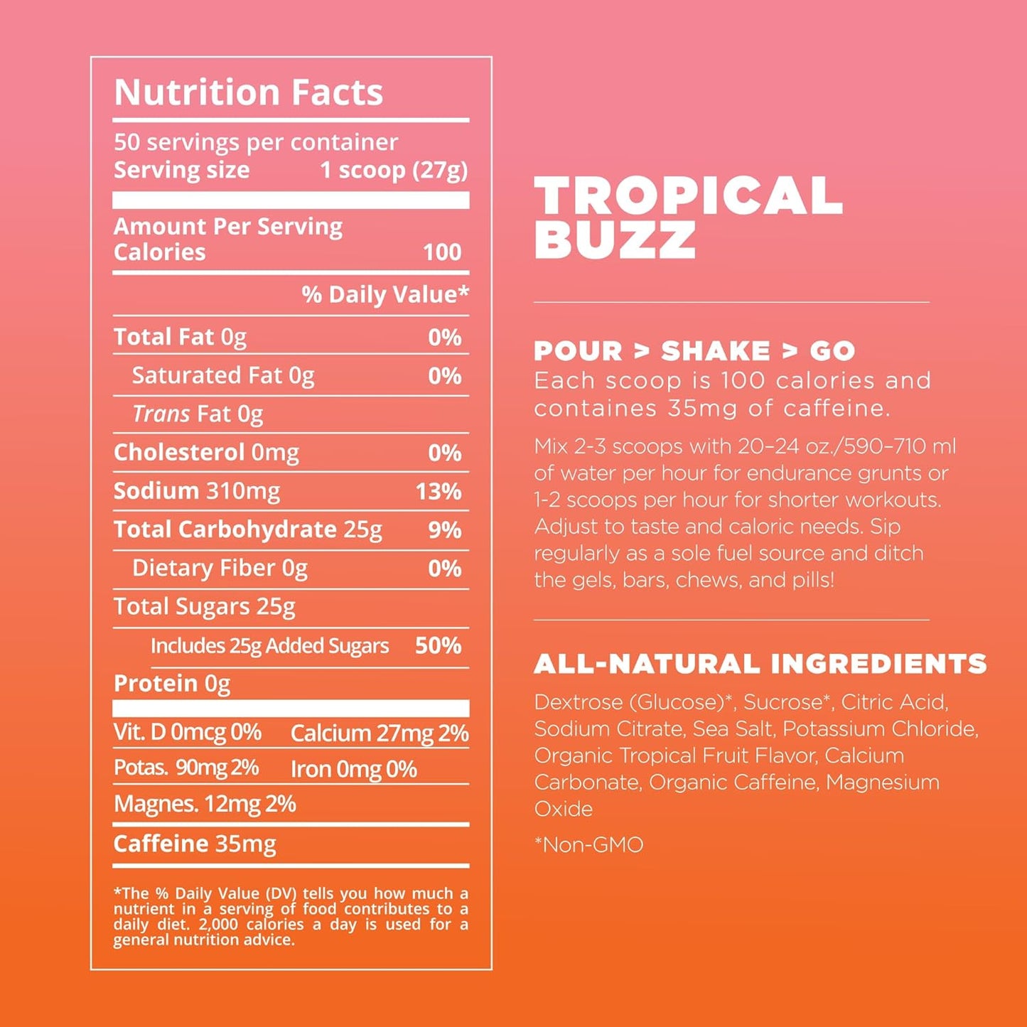 Tailwind Nutrition Tropical Buzz Endurance Fuel: Caffeinated Electrolyte Sports Drink Mix, Gluten-Free & Vegan, 50 Servings