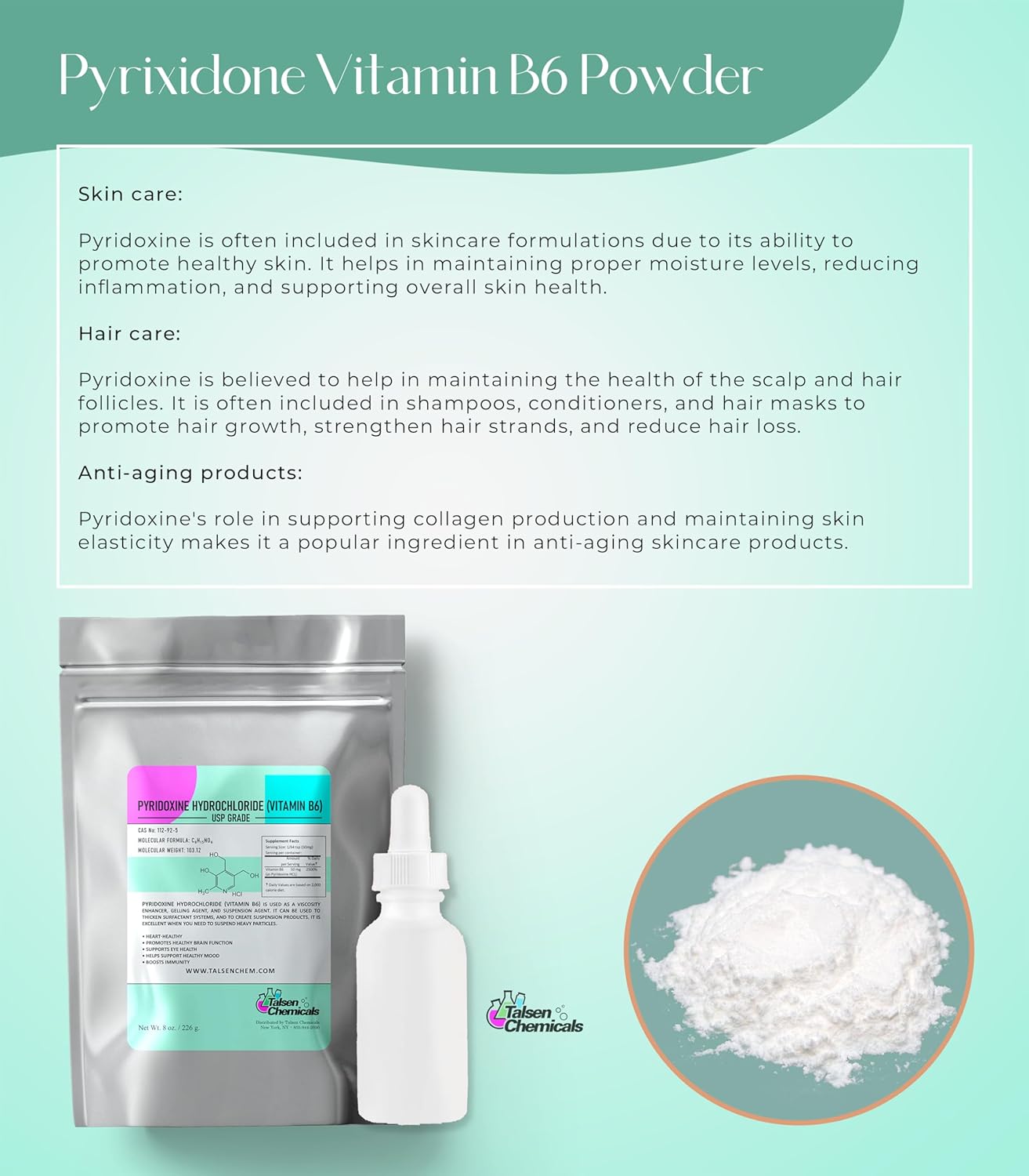 Talsen Chemicals Vitamin B6 Powder (4 Oz / 113 Gram) Pyridoxine HCL Powder for Metabolism and Nervous System Support