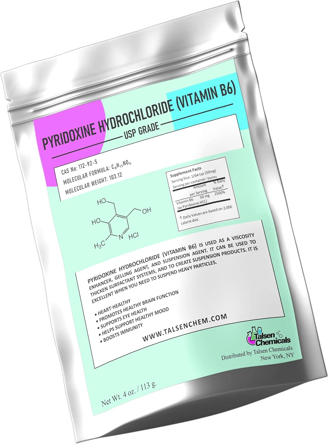 Talsen Chemicals Vitamin B6 Powder (4 Oz / 113 Gram) Pyridoxine HCL Powder for Metabolism and Nervous System Support