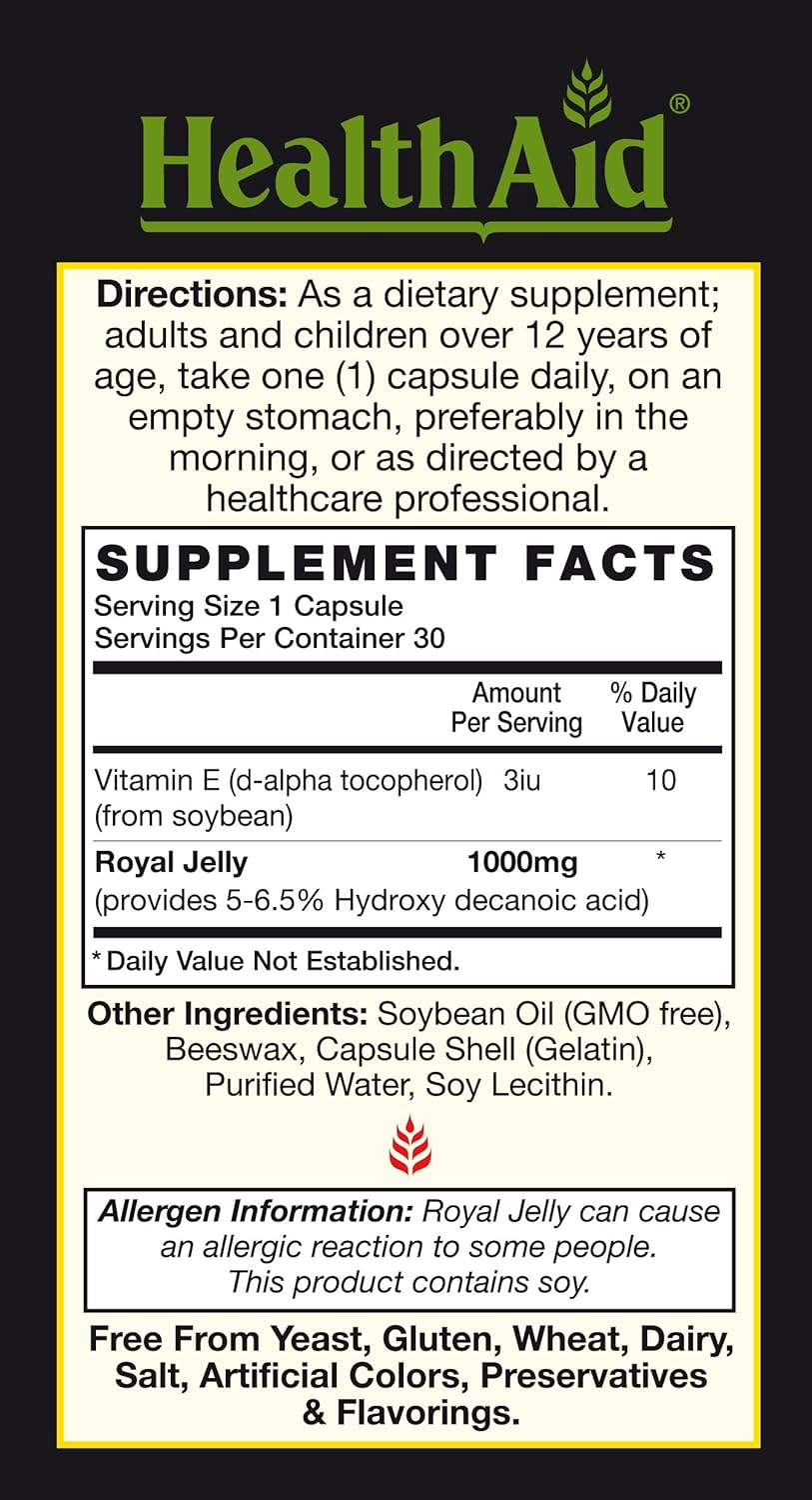 Tang Royal Jelly 1000mg Softgel Capsules by HealthAid for Overall Health Support - 30 Capsules