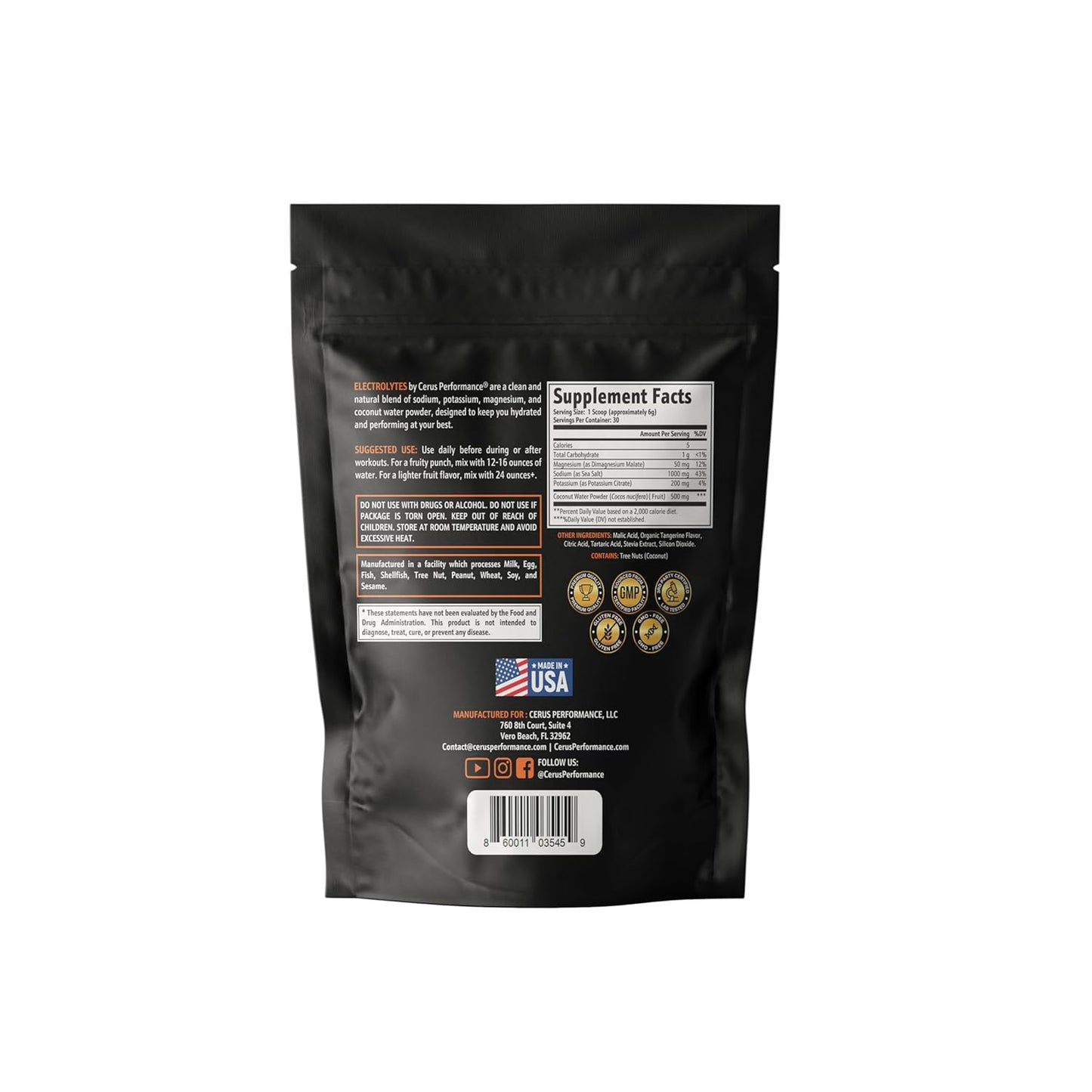 Tangerine Flavor Electrolyte Powder for Endurance & Recovery - 30 Servings, Zero Sugar, Coconut Water & Real Fruit