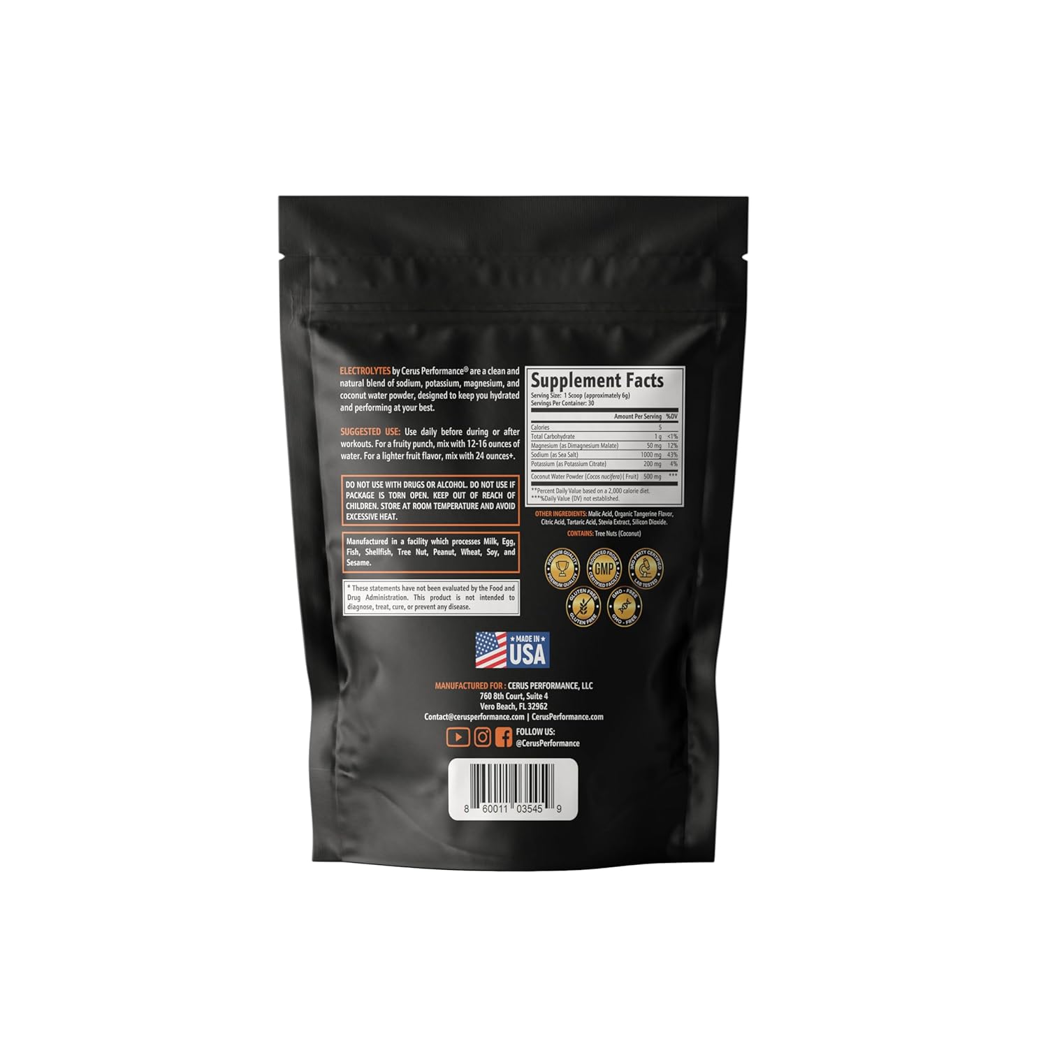 Tangerine Flavor Electrolyte Powder for Endurance & Recovery - 30 Servings, Zero Sugar, Coconut Water & Real Fruit