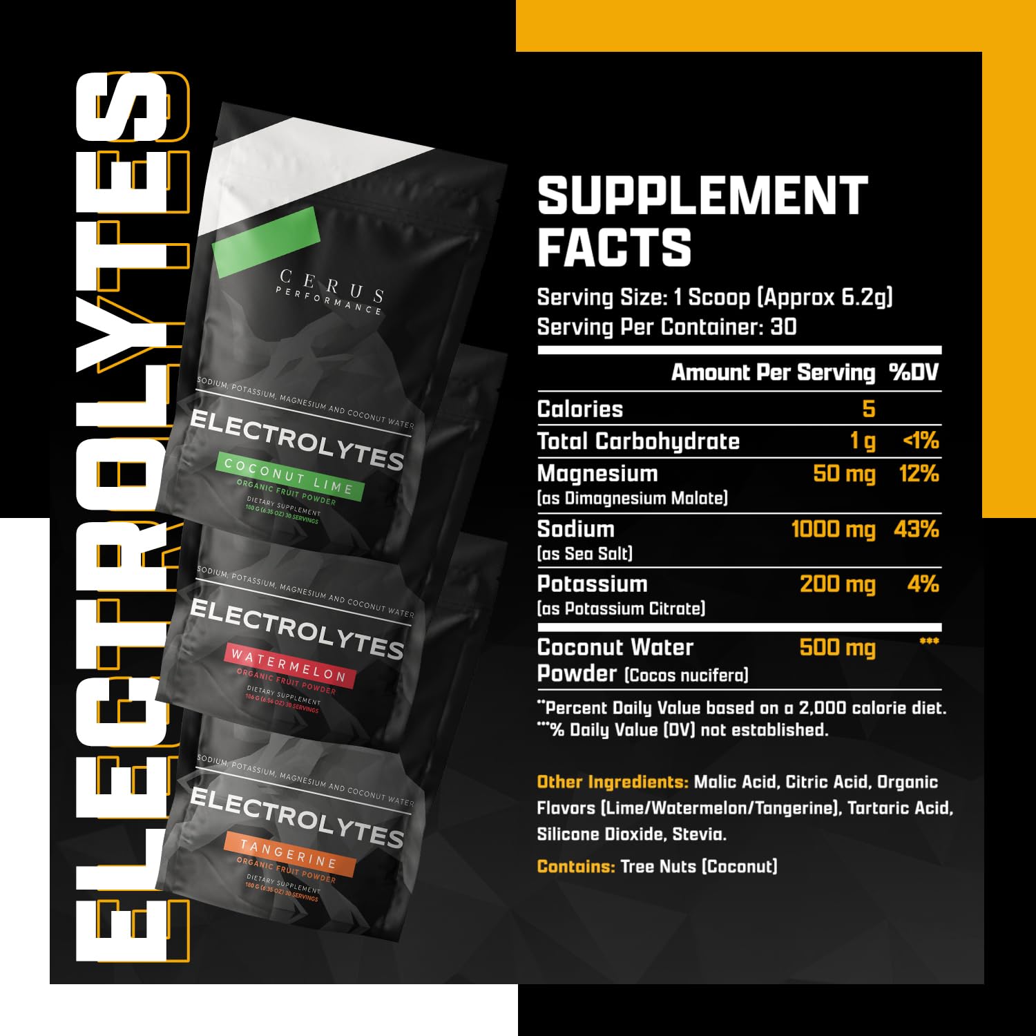 Tangerine Flavor Electrolyte Powder for Endurance & Recovery - 30 Servings, Zero Sugar, Coconut Water & Real Fruit