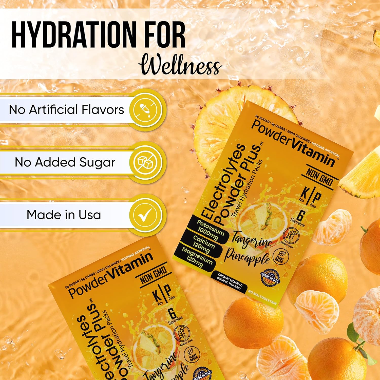 Tangerine Pineapple Electrolyte Powder with 1000mg Potassium, Keto-Friendly, Sugar-Free - 30 Packets