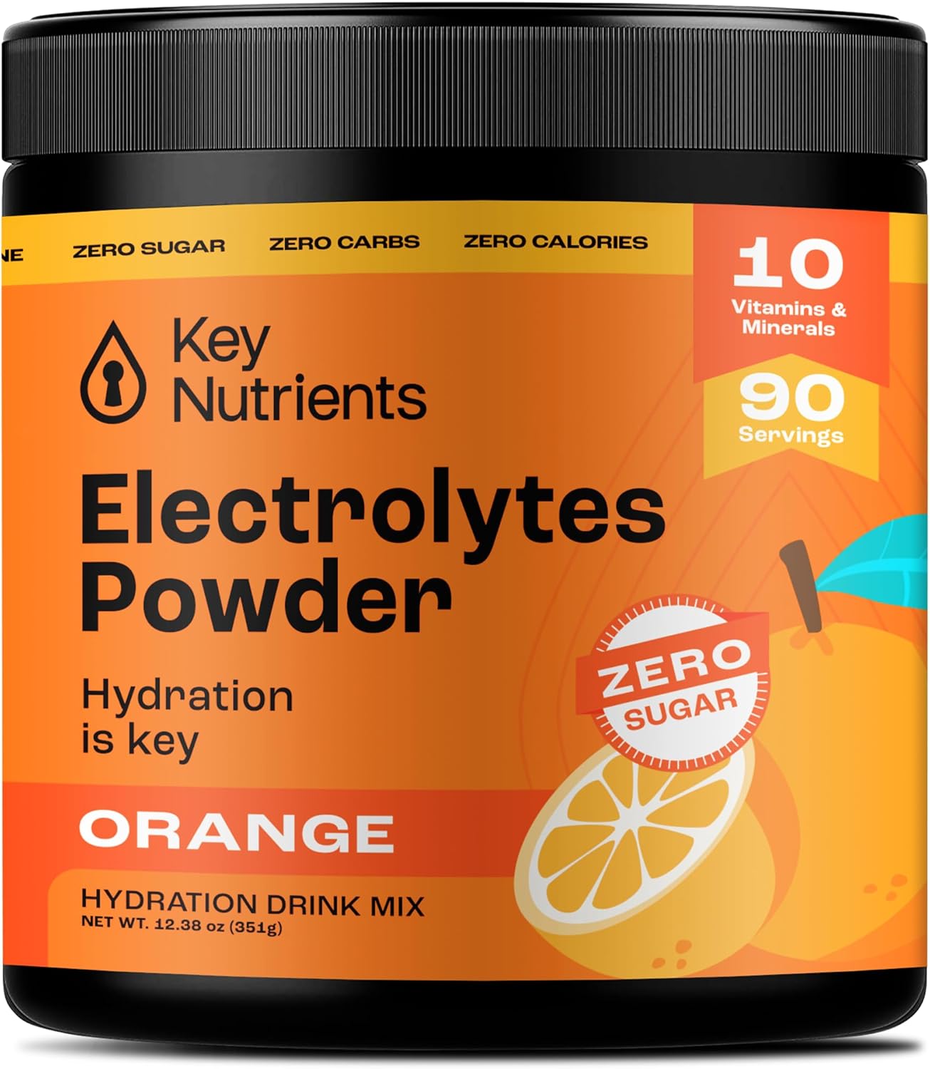 Tangy Orange Electrolyte Powder with Key Nutrients - USA Made Hydration Supplement for Endurance & Energy - No Sugar, No Calories - 90 Servings