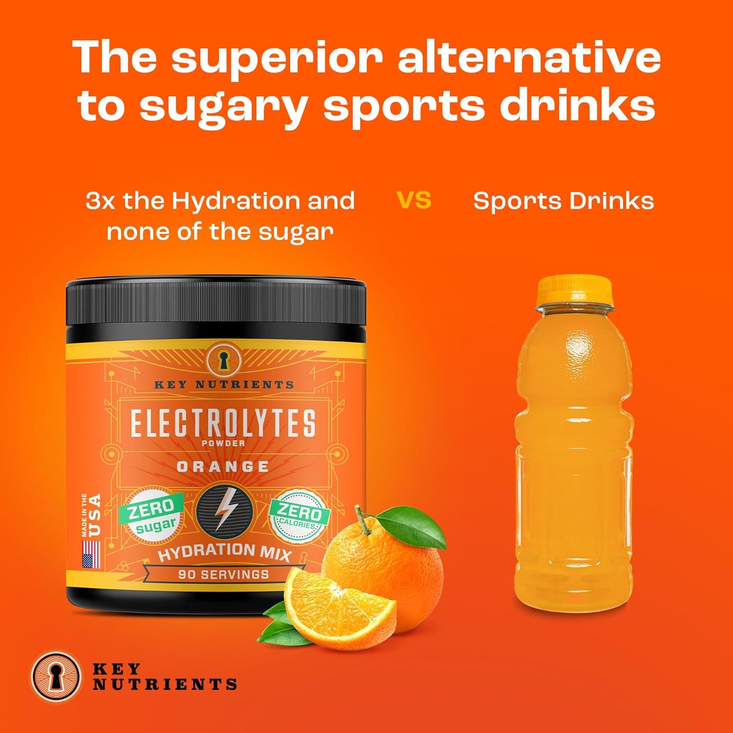 Tangy Orange Electrolyte Powder with Key Nutrients - USA Made Hydration Supplement for Endurance & Energy - No Sugar, No Calories - 90 Servings