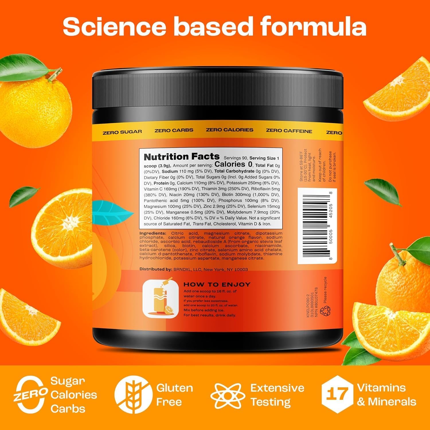 Tangy Orange Electrolyte Powder with Key Nutrients - USA Made Hydration Supplement for Endurance & Energy - No Sugar, No Calories - 90 Servings