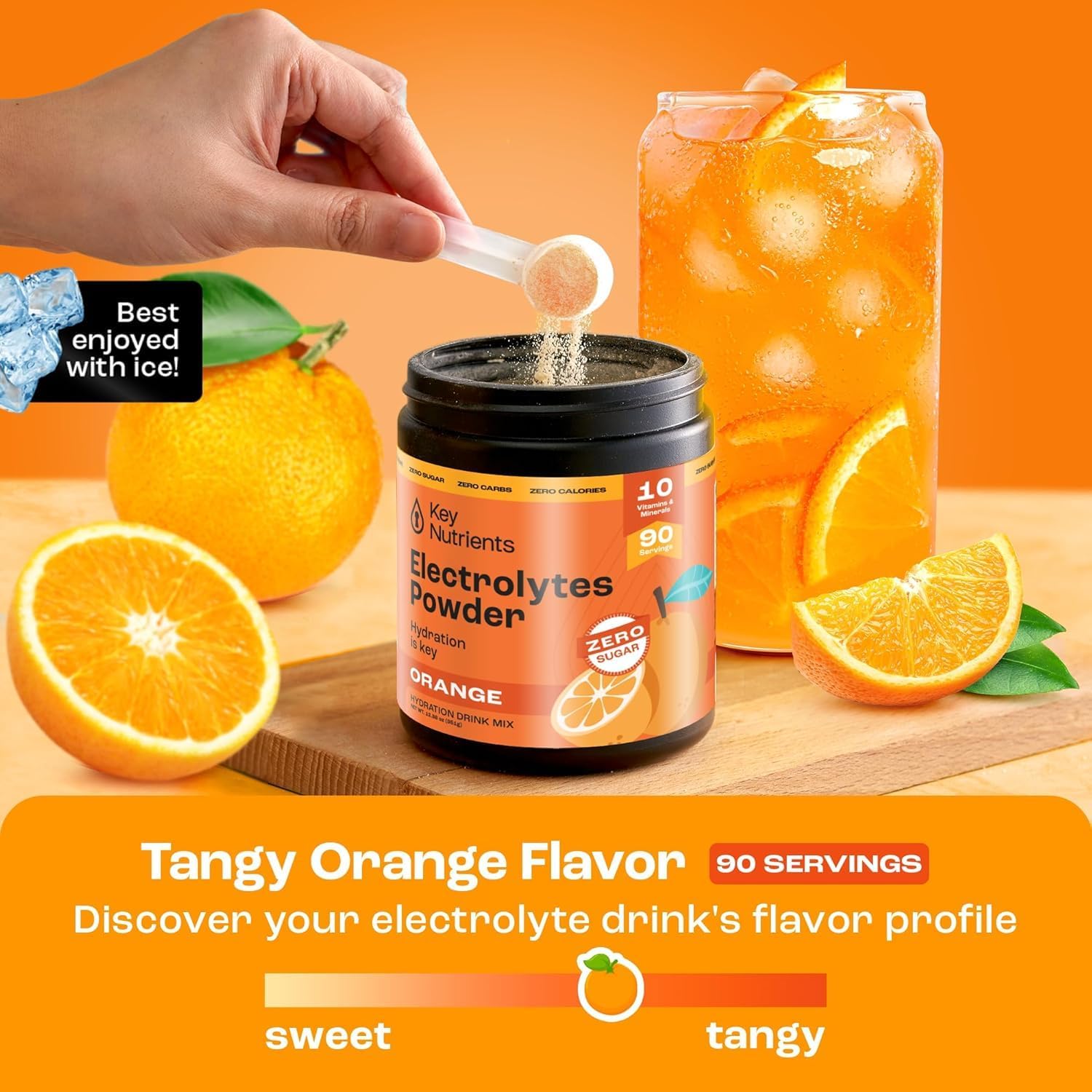 Tangy Orange Electrolyte Powder with Key Nutrients - USA Made Hydration Supplement for Endurance & Energy - No Sugar, No Calories - 90 Servings