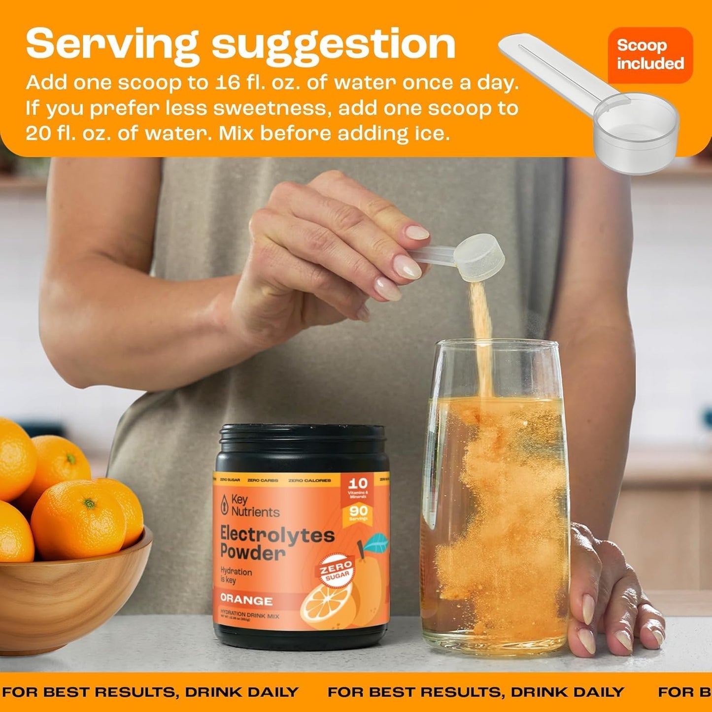 Tangy Orange Electrolyte Powder with Key Nutrients - USA Made Hydration Supplement for Endurance & Energy - No Sugar, No Calories - 90 Servings