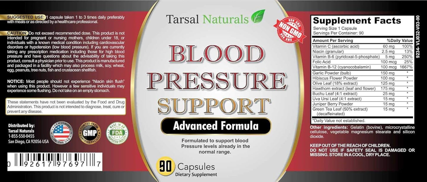 Tarsal Naturals Blood Pressure Support Capsules | Advanced Formula for Healthy Triglycerides | Made in USA | Gluten Free | FDA Registered