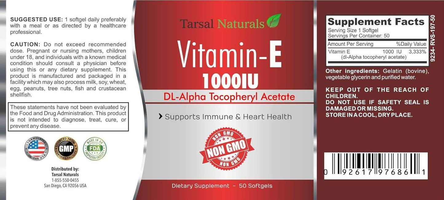 Tarsal Naturals Vitamin E 1000 IU Softgel Capsules for Overall Health and Energy - Made in USA, Gluten Free, Non GMO