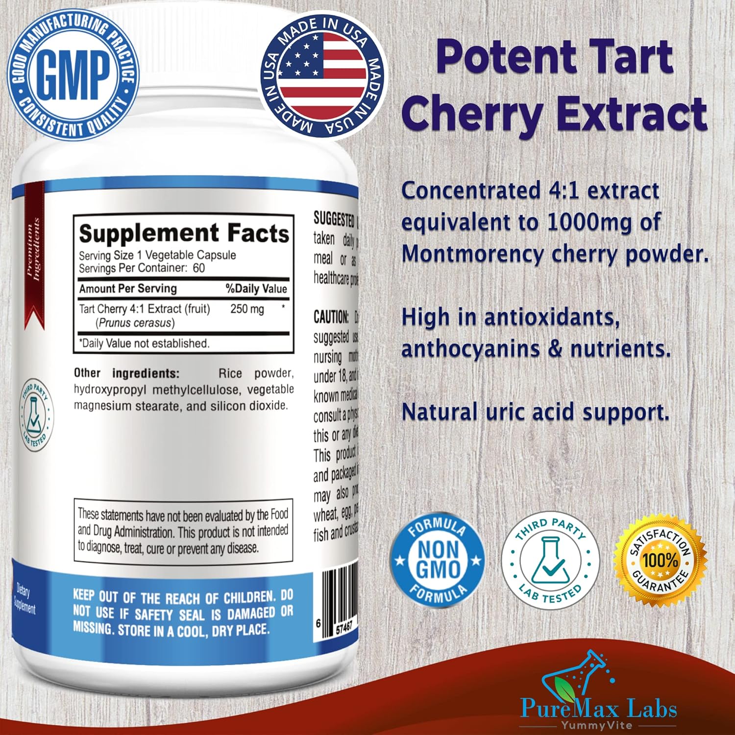 Tart Cherry Extract Capsules - Equivalent to 1000mg Montmorency Cherries - Antioxidant-Rich Uric Acid Support - Non-GMO - 60 Capsules