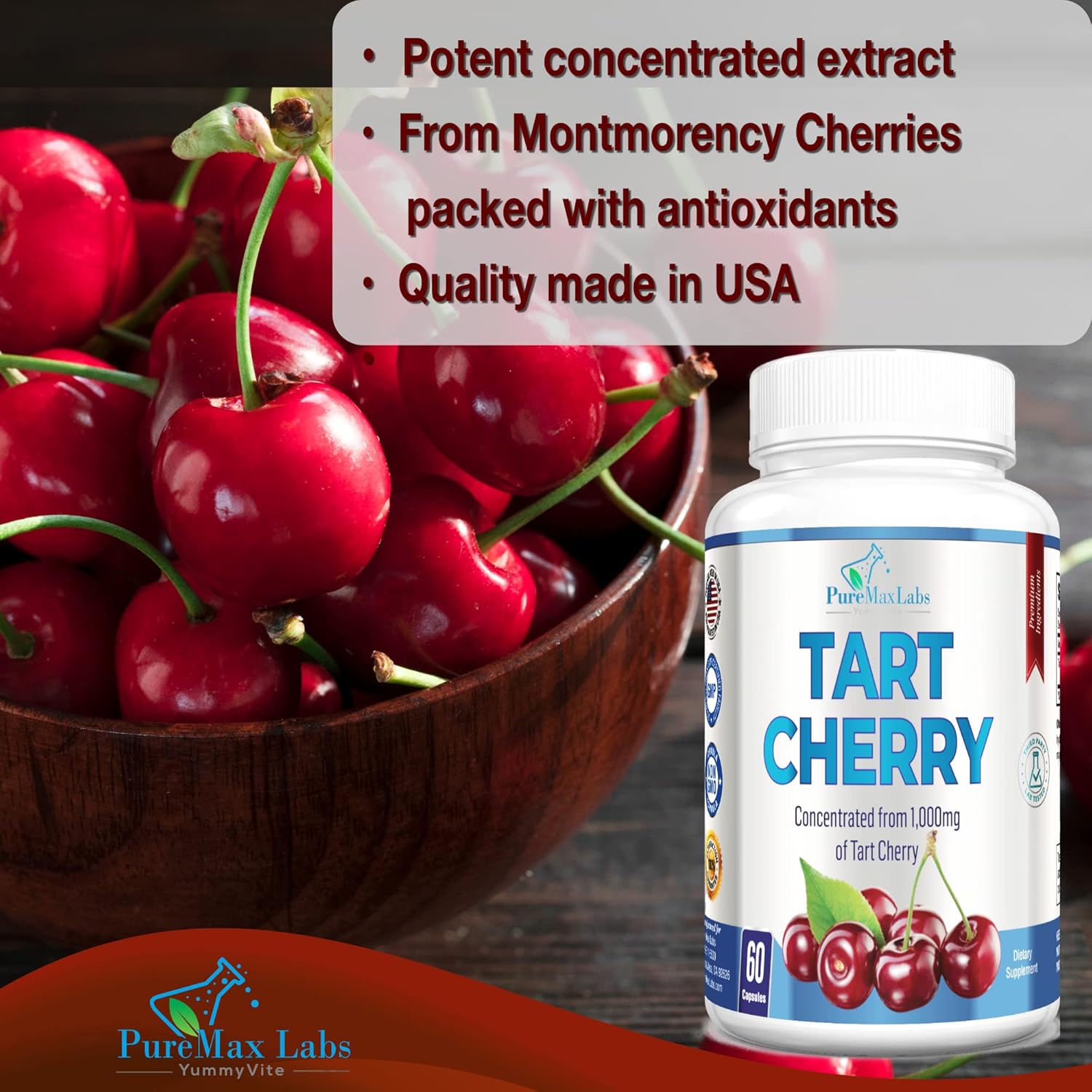 Tart Cherry Extract Capsules - Equivalent to 1000mg Montmorency Cherries - Antioxidant-Rich Uric Acid Support - Non-GMO - 60 Capsules