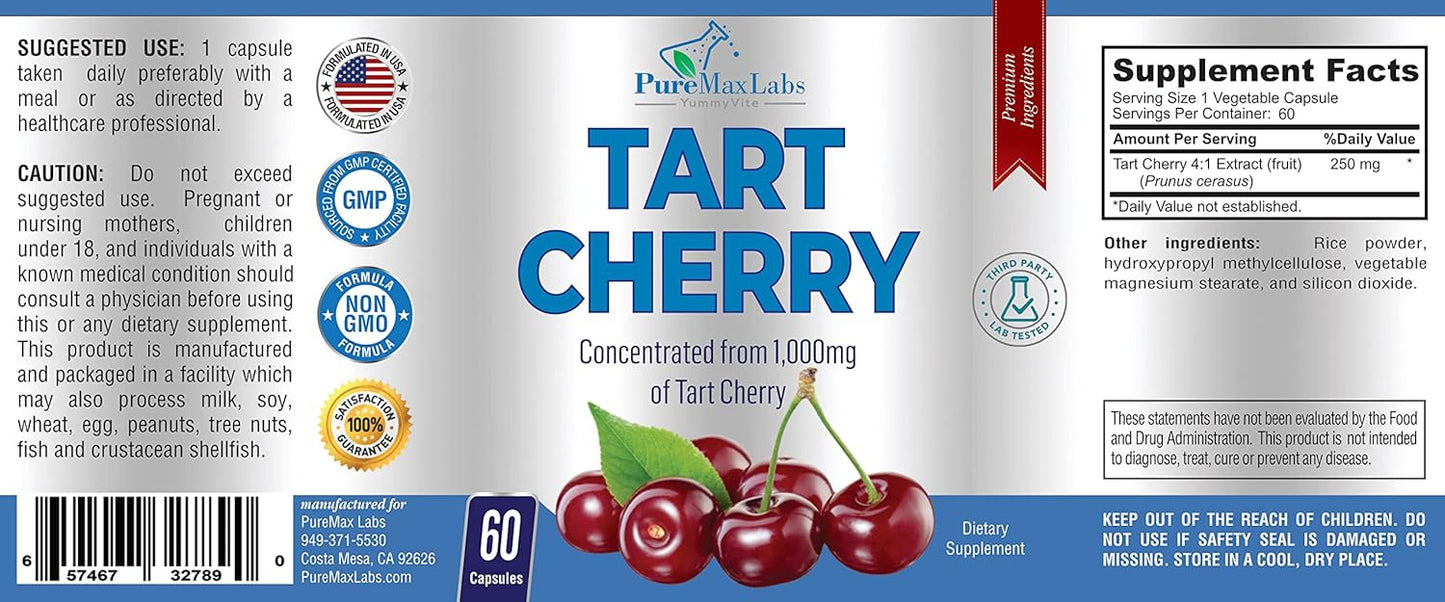 Tart Cherry Extract Capsules - Equivalent to 1000mg Montmorency Cherries - Antioxidant-Rich Uric Acid Support - Non-GMO - 60 Capsules