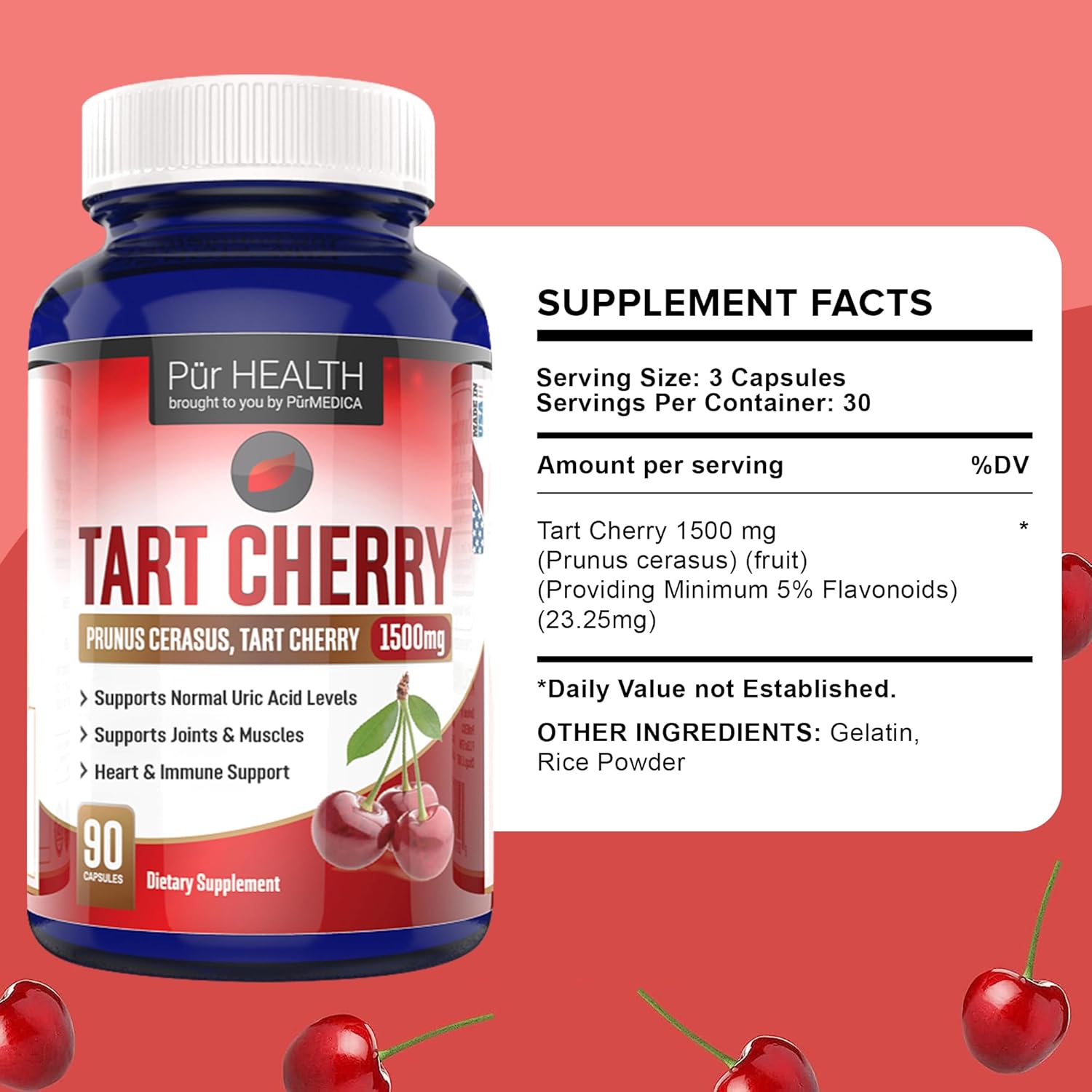 Tart Cherry Extract Capsules for Gout & Joint Support - 1500mg Supplement with Flavonoids - 90ct Cherry Juice Capsules