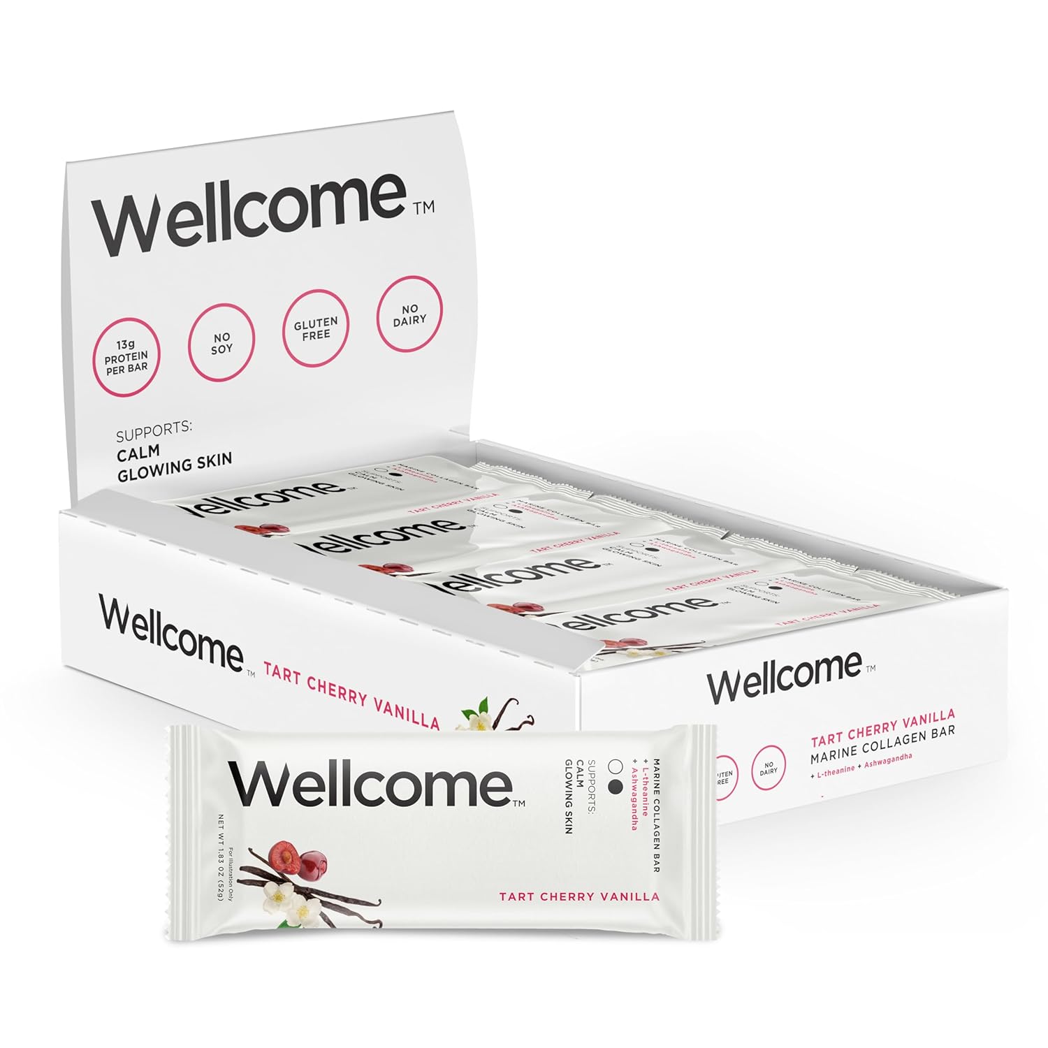 Tart Cherry Vanilla Marine Collagen Protein Bars with Adaptogens - Dairy-Free Snack for Active Lifestyle - Pack of 12