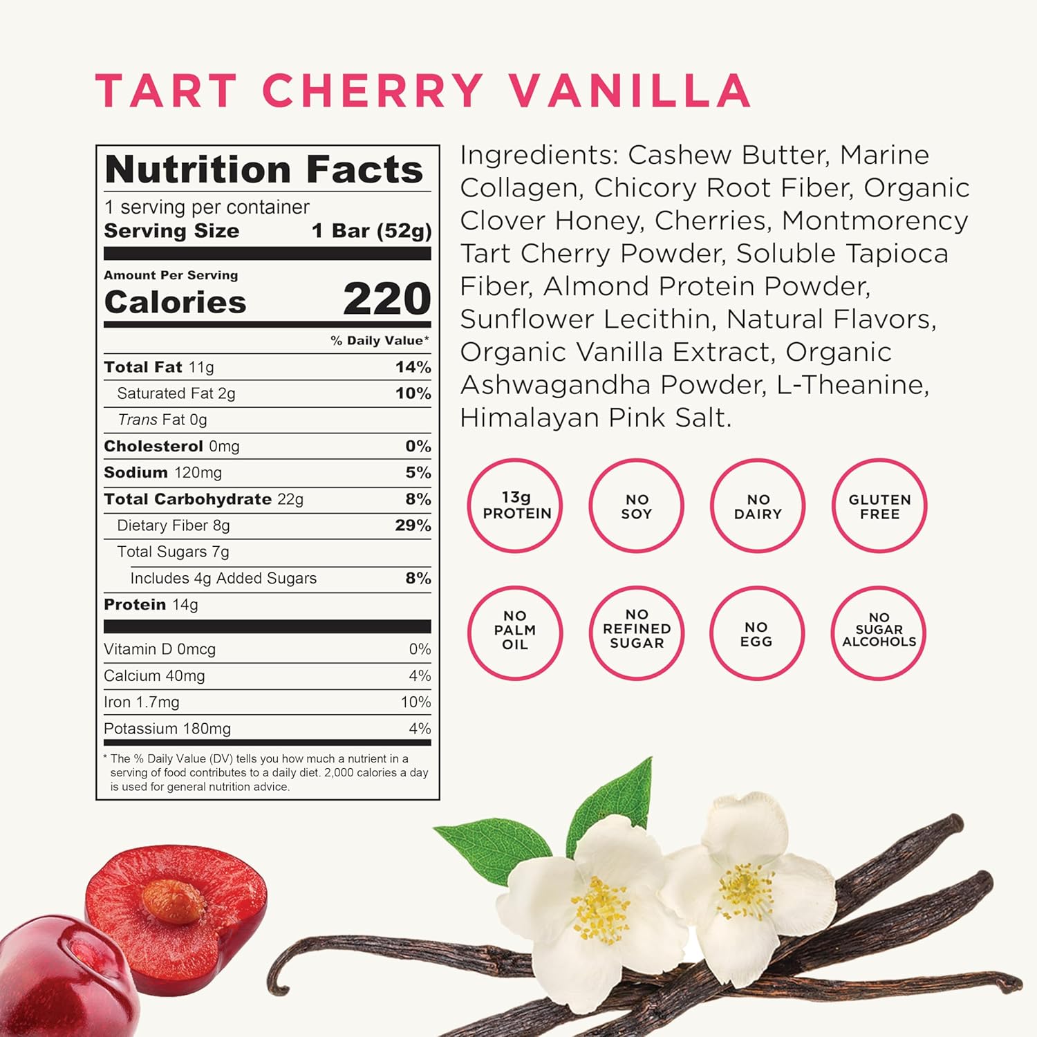 Tart Cherry Vanilla Marine Collagen Protein Bars with Adaptogens - Dairy-Free Snack for Active Lifestyle - Pack of 12