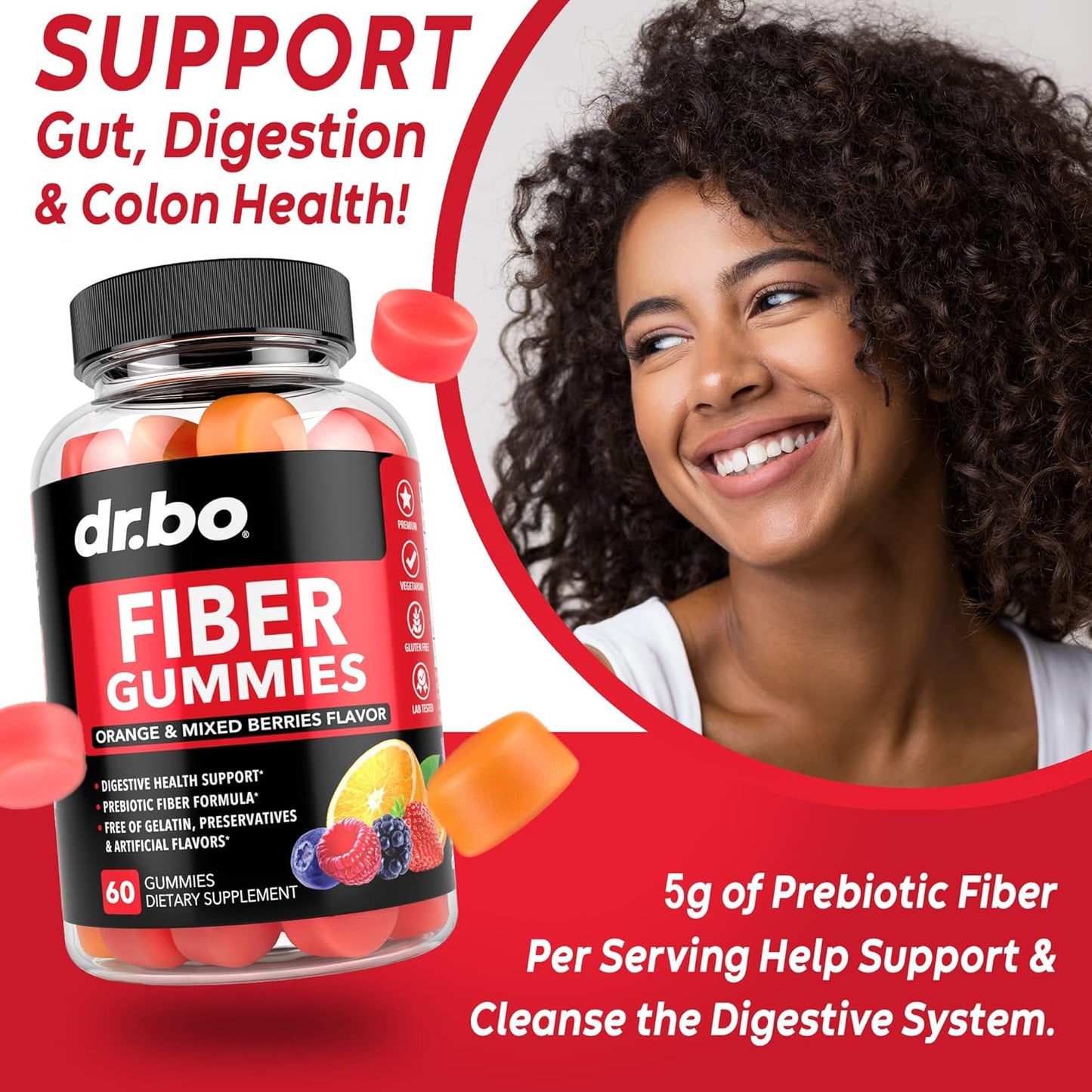 Tasty Prebiotic Fiber Gummies for Colon Cleanse & Gut Health - Dr. BO Fiber Supplement for Digestive Support