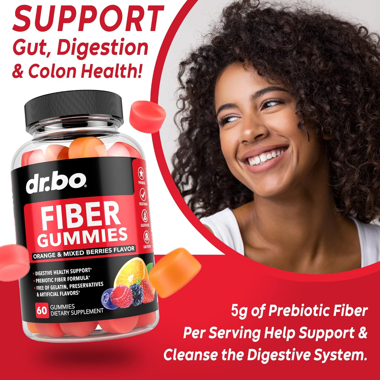 Tasty Prebiotic Fiber Gummies for Colon Cleanse & Gut Health - Dr. BO Fiber Supplement for Digestive Support