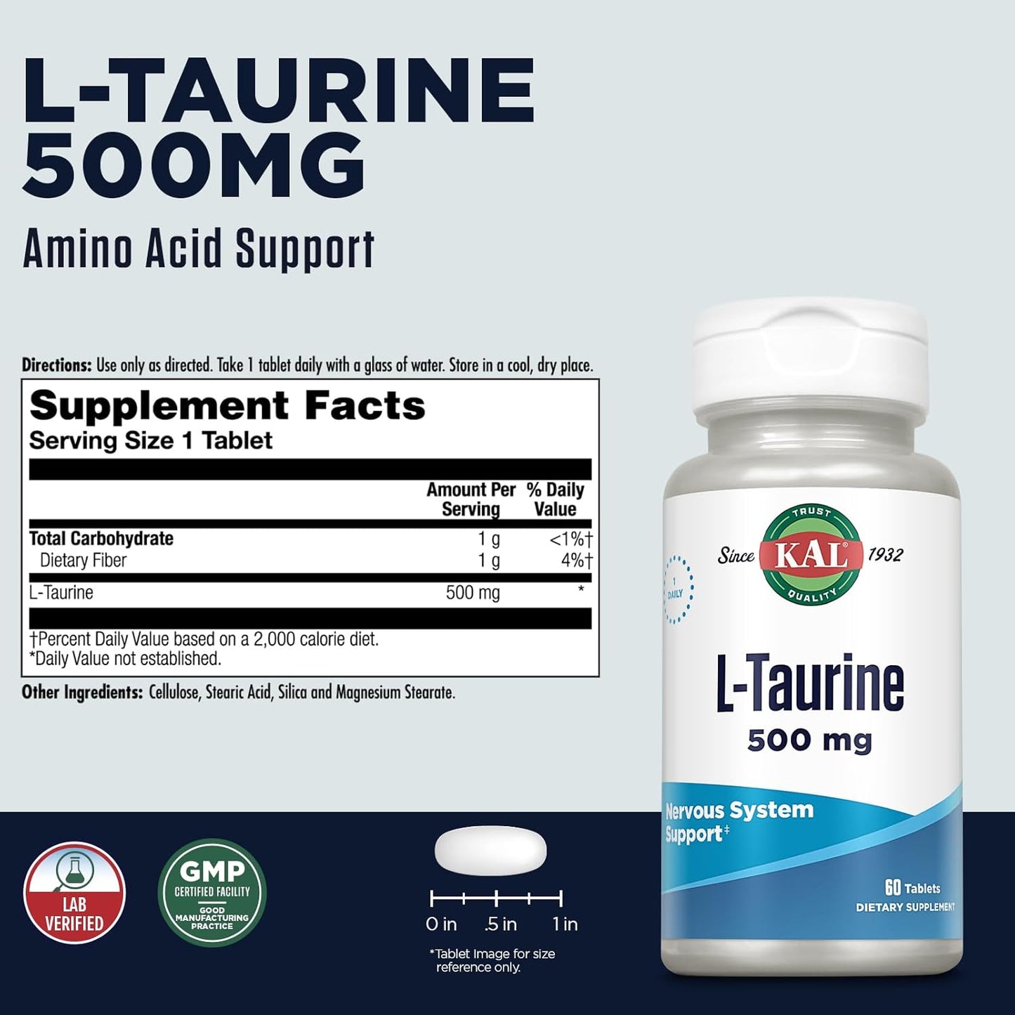 Taurine 500mg Amino Acid Supplement for Nervous System & Heart Health, Detox Support, Pre Workout - 60 Tablets
