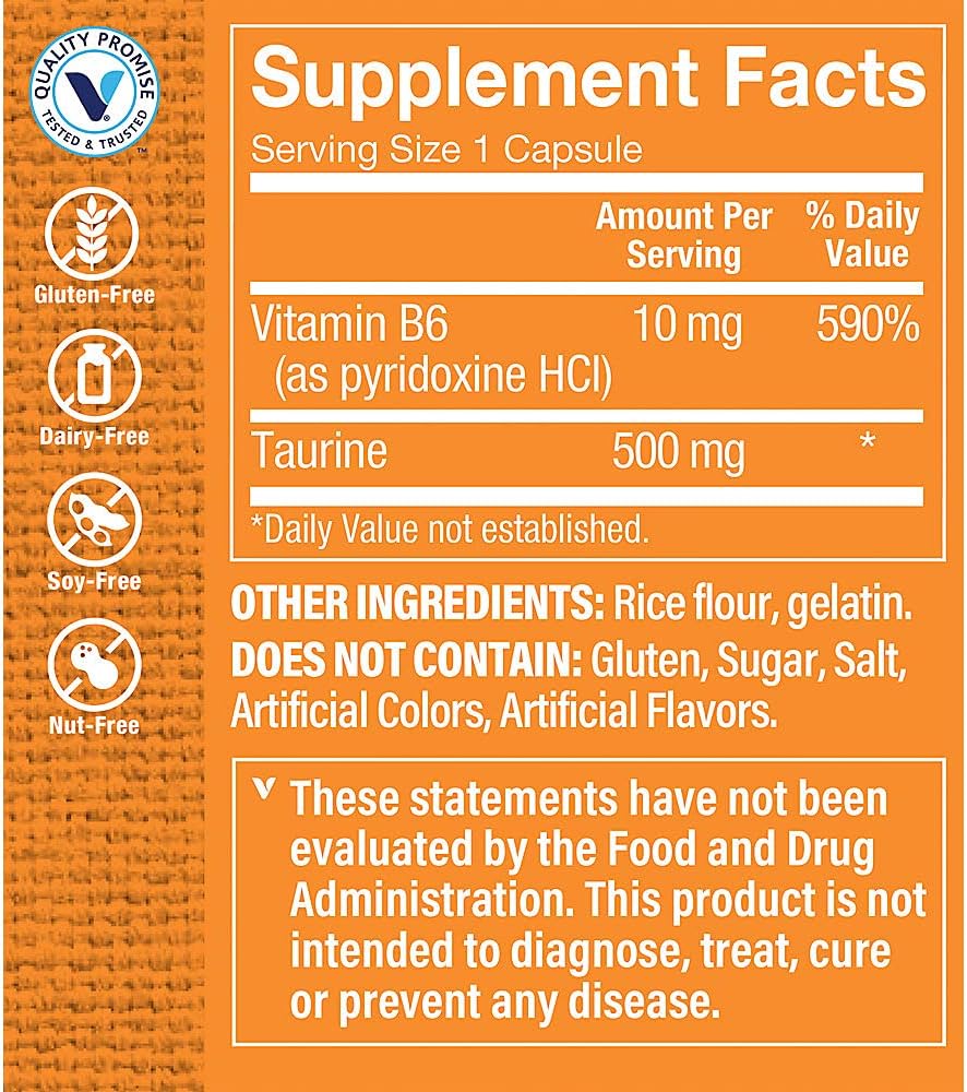 Taurine 500MG Capsules with Vitamin B6 - Antioxidant for Cellular & Cardiovascular Health, Brain & Memory Support - 100 Count