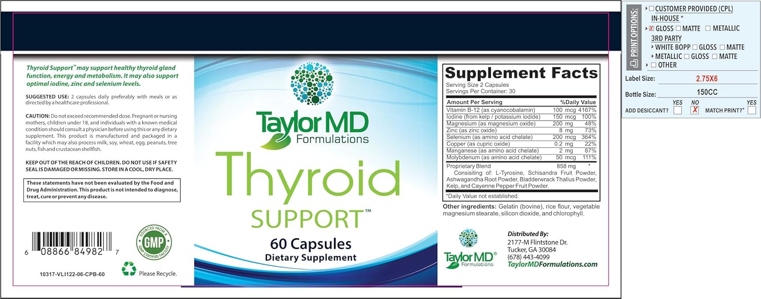 Taylor MD Formulations Thyroid Support Supplement - Powerful Blend of Iodine, Tyrosine, Schisandra, Coleus Forskohlii, Ashwagandha - Promotes Healthy Thyroid Metabolism - Physician Formulated & Clinically Proven - Guaranteed Results.