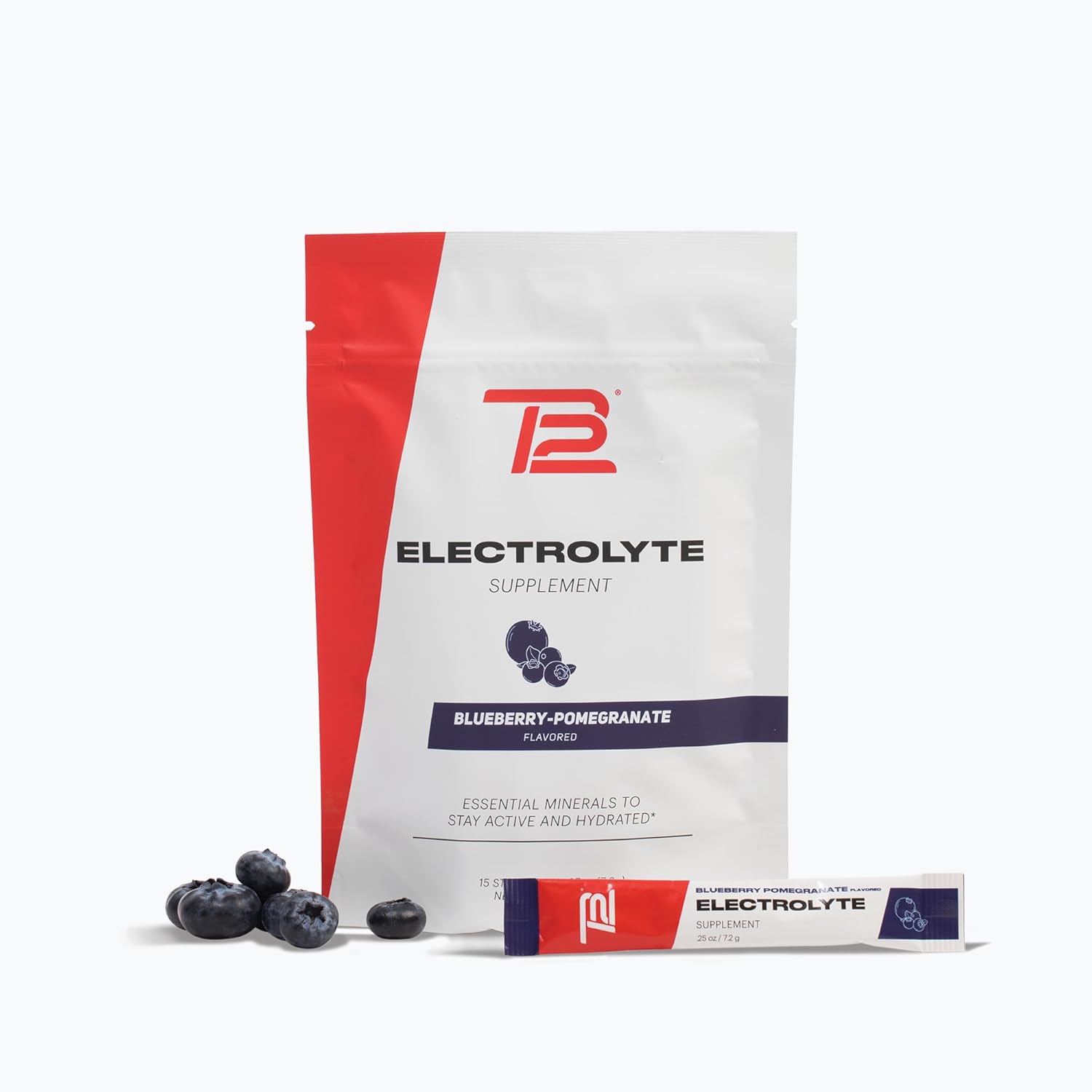 TB12 Blueberry Pomegranate Electrolyte Supplement Powder - 15 Stickpacks for Fast Hydration. Natural, Vegan, Low Sugar, Low Calorie