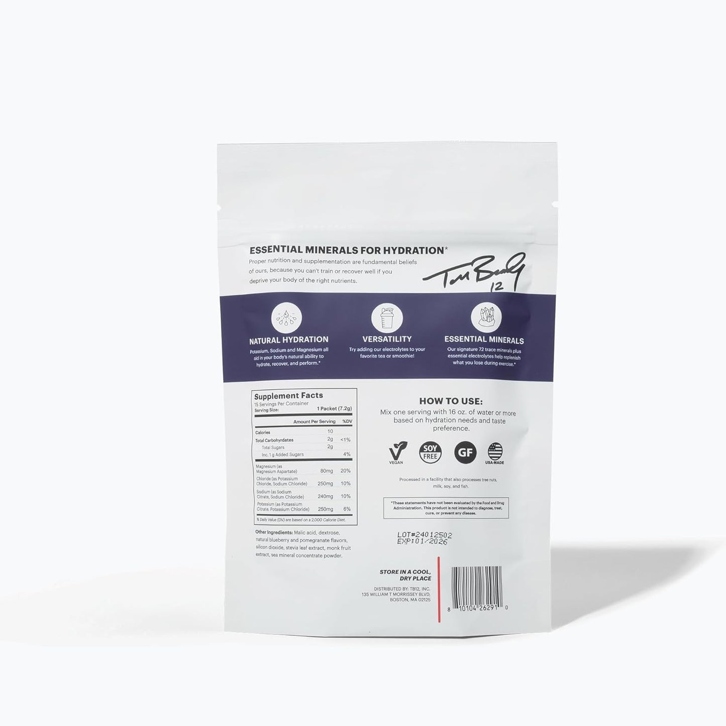 TB12 Blueberry Pomegranate Electrolyte Supplement Powder - 15 Stickpacks for Fast Hydration. Natural, Vegan, Low Sugar, Low Calorie