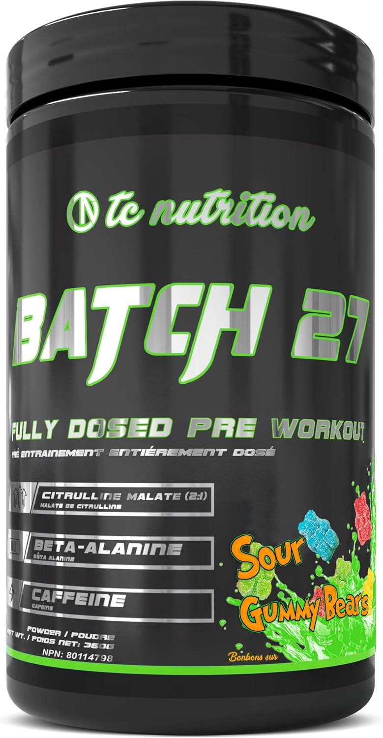 TC Nutrition Batch 27 Pre Workout Powder - Sour Gummy Bear Flavor | Energy, Focus, & Strength Booster | Enhanced with Citrulline, Beta Alanine, Betaine, & Caffeine