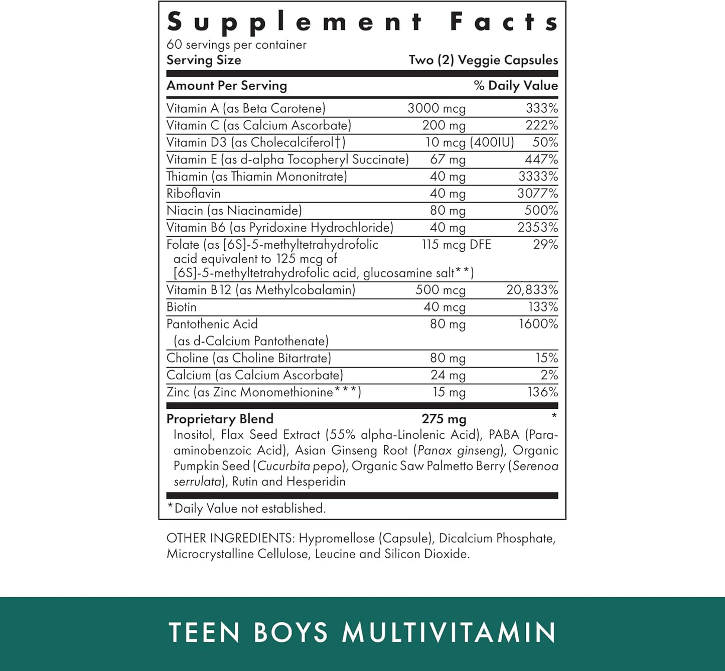 Teen Boys Daily Multivitamin Supplement - 120 Vegetarian Capsules - Kosher - 60 Servings by MICHAEL'S Health
