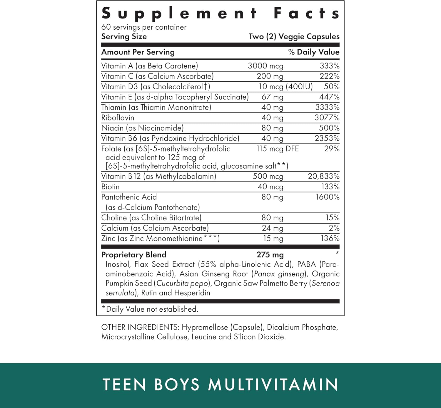 Teen Boys Daily Multivitamin Supplement - 120 Vegetarian Capsules - Kosher - 60 Servings by MICHAEL'S Health