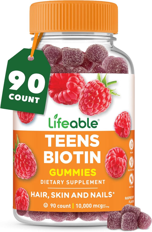 Teen-Friendly Vegan Biotin Gummies 10000mcg for Hair, Skin & Nails | Biotin Vitamins for Teens | 90 Gummies