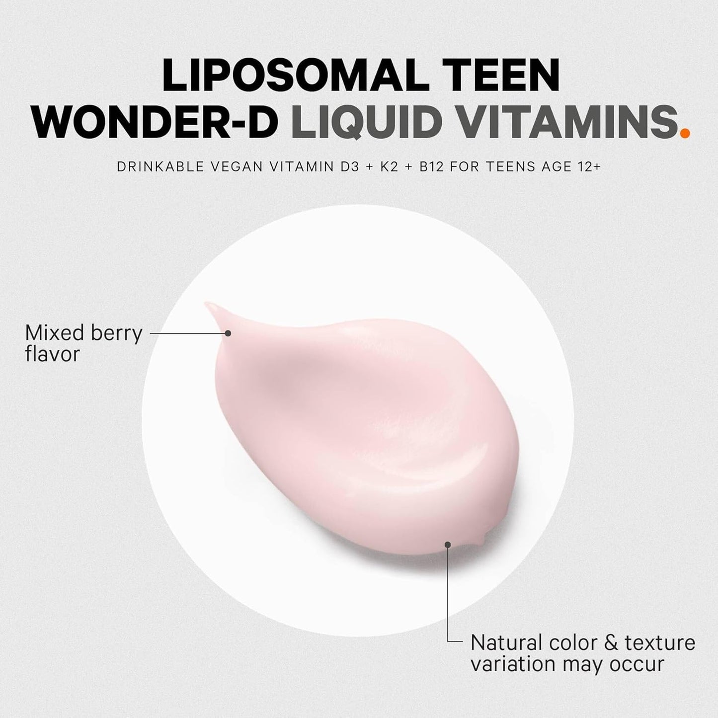 Teen Wonder-D: Liposomal Vegan Vitamin D3 + K2 Liquid Supplement for Teens - Plant-Based B12, Non-GMO, Mixed Berry Flavor - 3-Month Supply (7.6 fl oz)