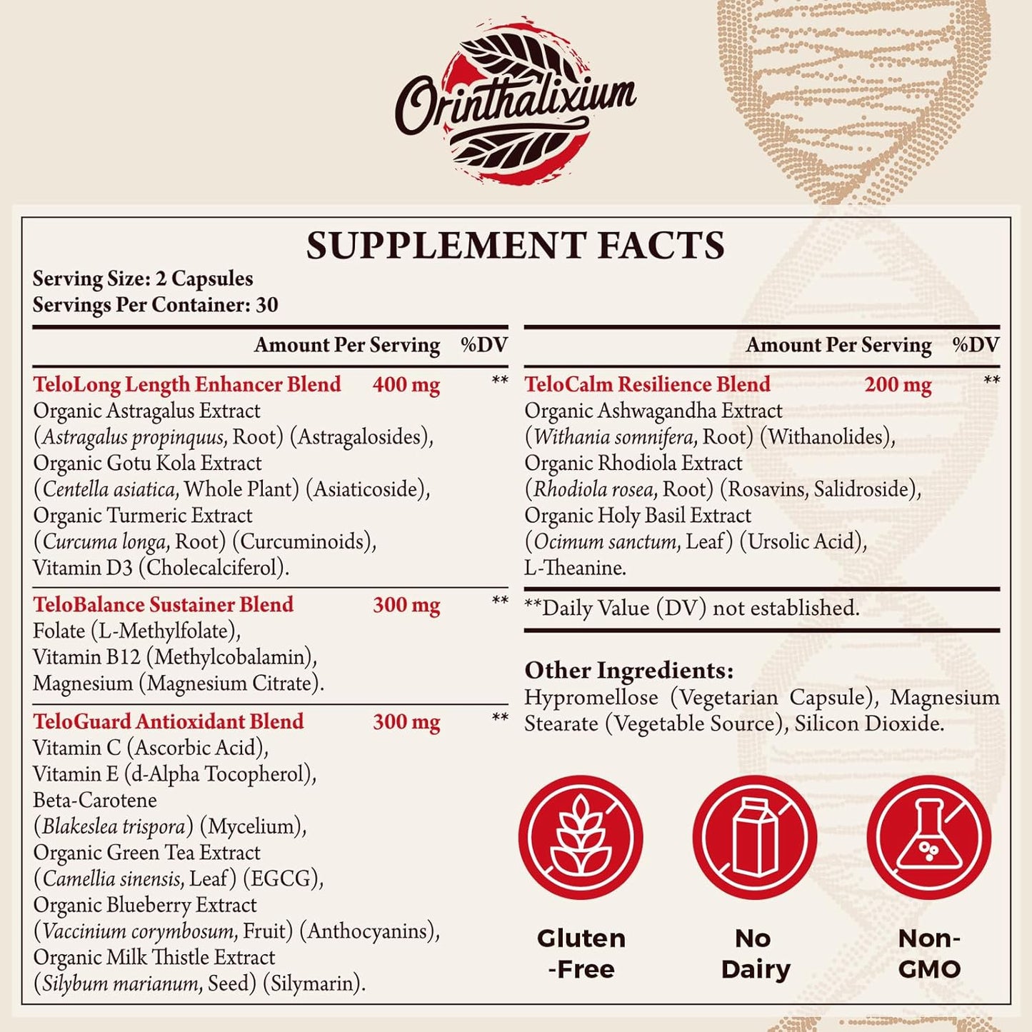 Telomere Lengthening Capsules with Astragalus Extract, Vitamin D3 - 120 Capsules for Cellular Health