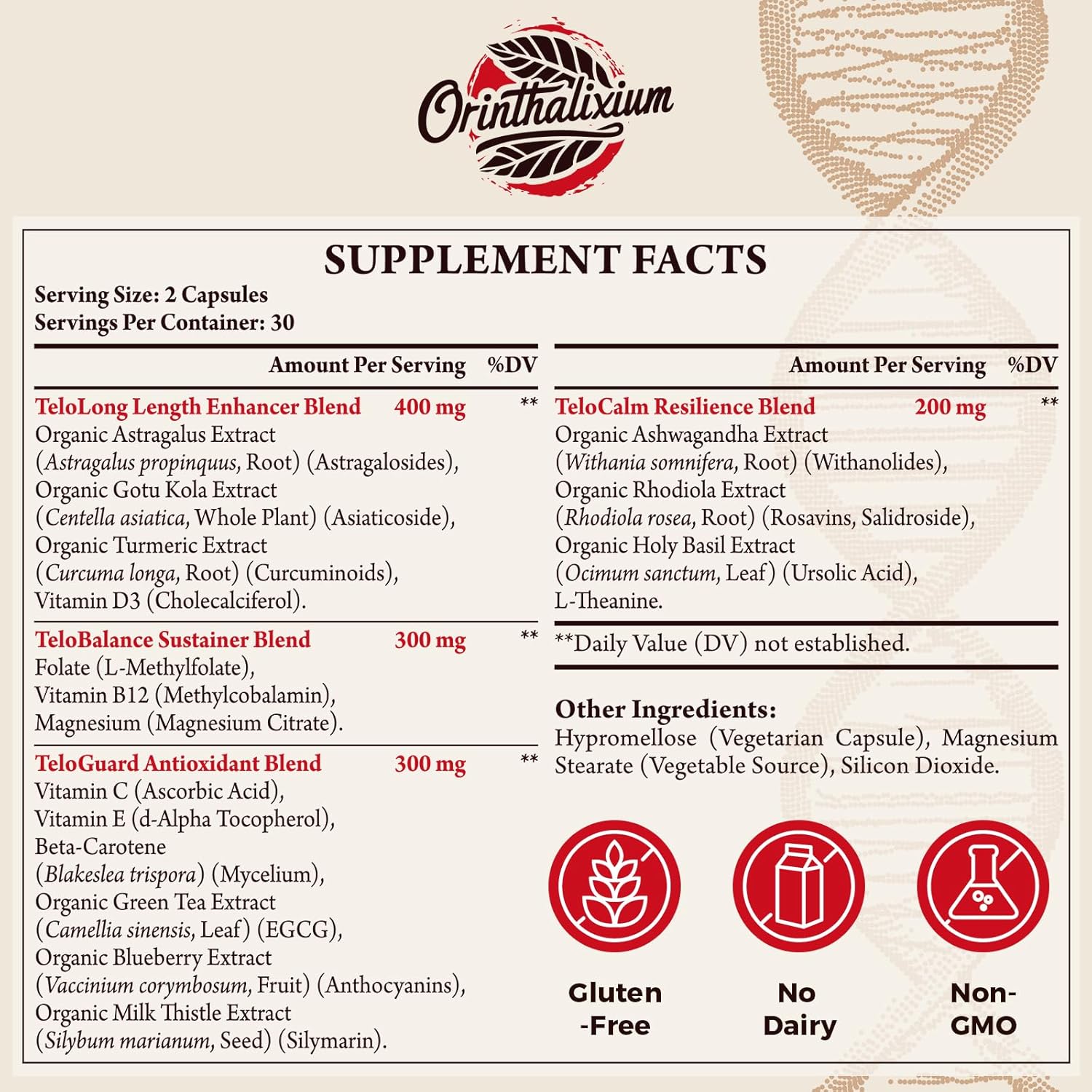 Telomere Lengthening Capsules with Astragalus Extract, Vitamin D3 - 120 Capsules for Cellular Health