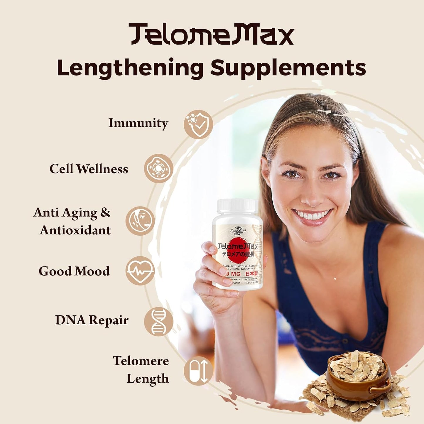 Telomere Lengthening Capsules with Astragalus Extract, Vitamin D3 - 120 Capsules for Cellular Health