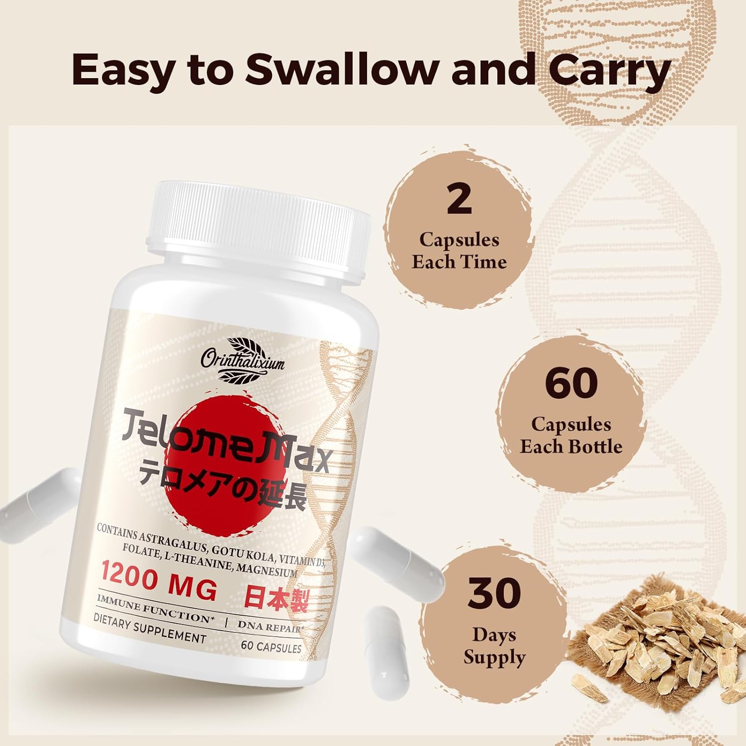 Telomere Lengthening Capsules with Astragalus Extract, Vitamin D3 - 120 Capsules for Cellular Health