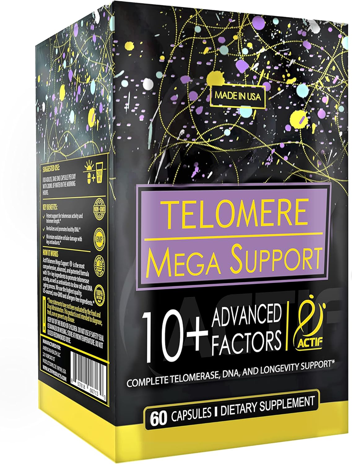 Telomere Mega Support Supplement with 10+ Factors for Energy, Memory, Anti-Aging - 60 Count USA-Made Non-GMO Formula